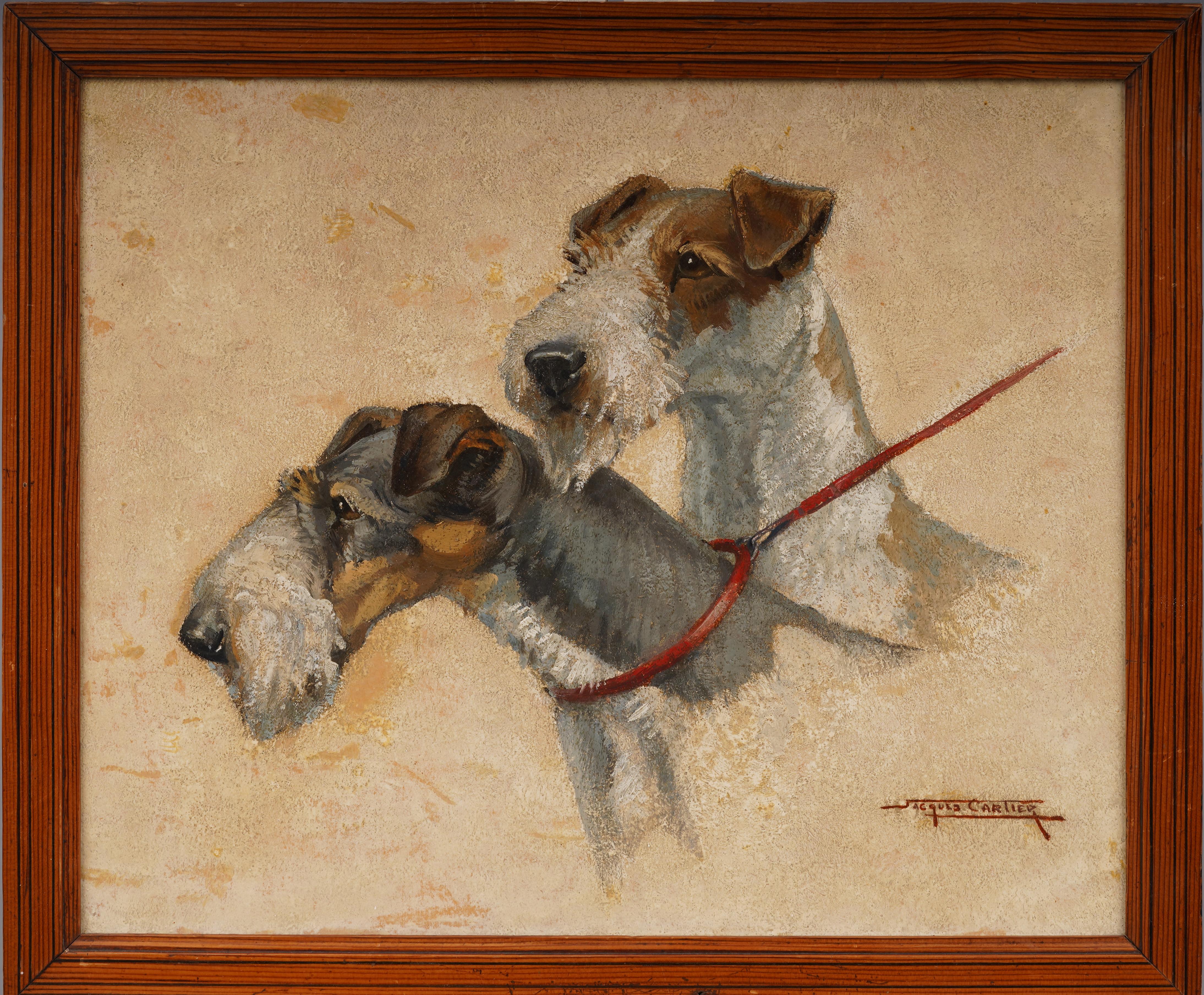 Landscape Painting Jacques Cartier - Ancienne peinture à l'huile Art Déco française, portrait de chien terrier encadré et signé