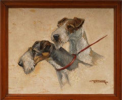 Ancienne peinture à l'huile Art Déco française, portrait de chien terrier encadré et signé