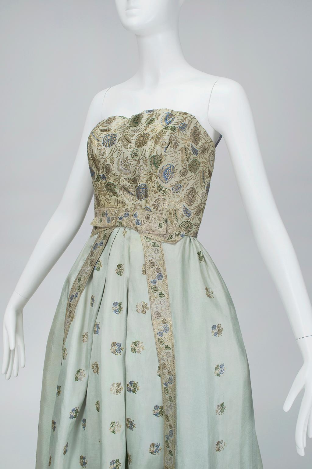 Jacques Cassia Couture Trägerloses Partykleid aus Silberbrokat aus Silberbrokat - S, 1950er Jahre Damen im Angebot