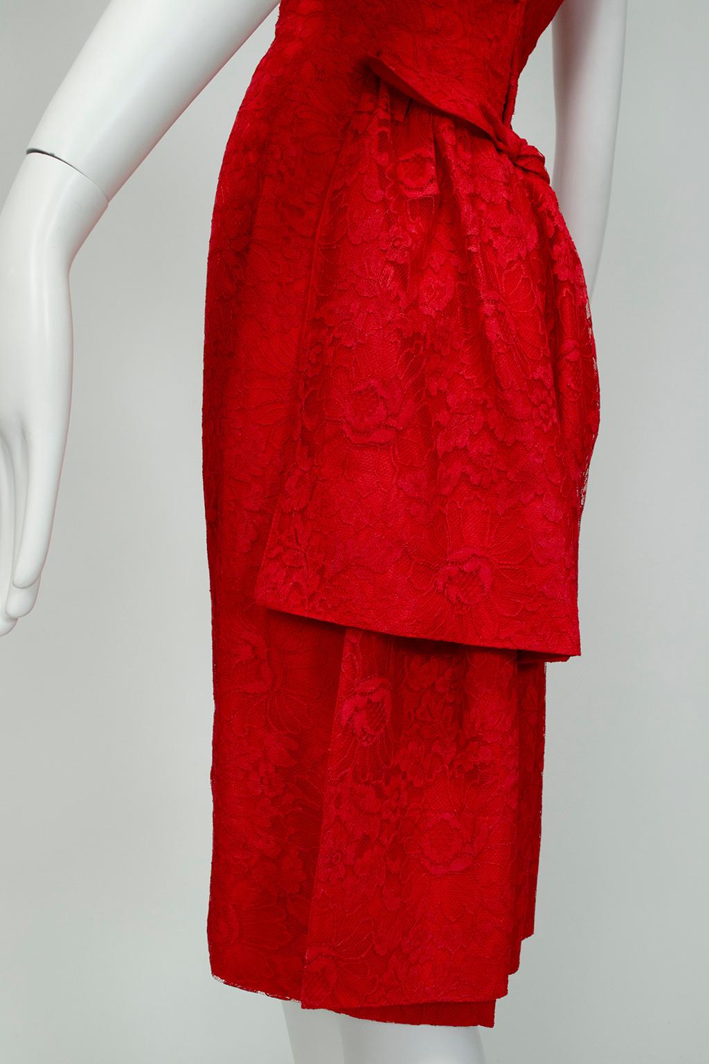 Jacques Cassia Haute Couture Five-Alarm Red Backless Lace Bustle Dress -M, 1960s 3