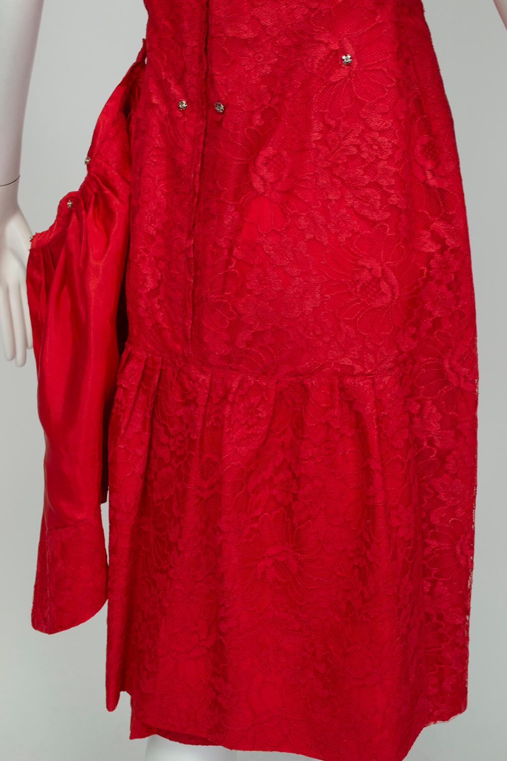 Jacques Cassia Haute Couture Five-Alarm Red Backless Lace Bustle Dress -M, 1960s 5