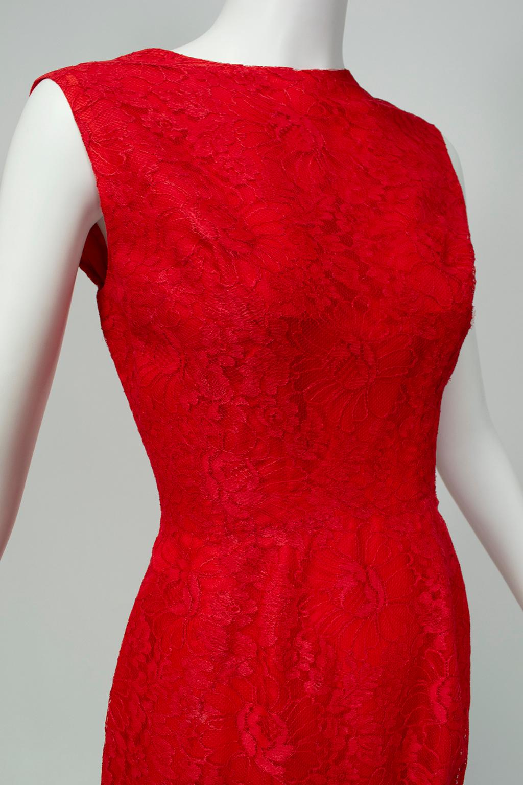 Jacques Cassia Haute Couture Five-Alarm Red Backless Lace Bustle Dress -M, 1960s In Good Condition In Tucson, AZ