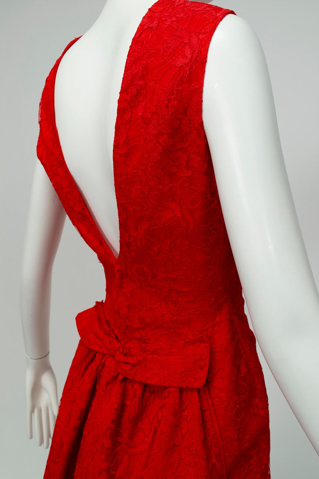 Jacques Cassia Haute Couture Five-Alarm Red Backless Lace Bustle Dress -M, 1960s 1