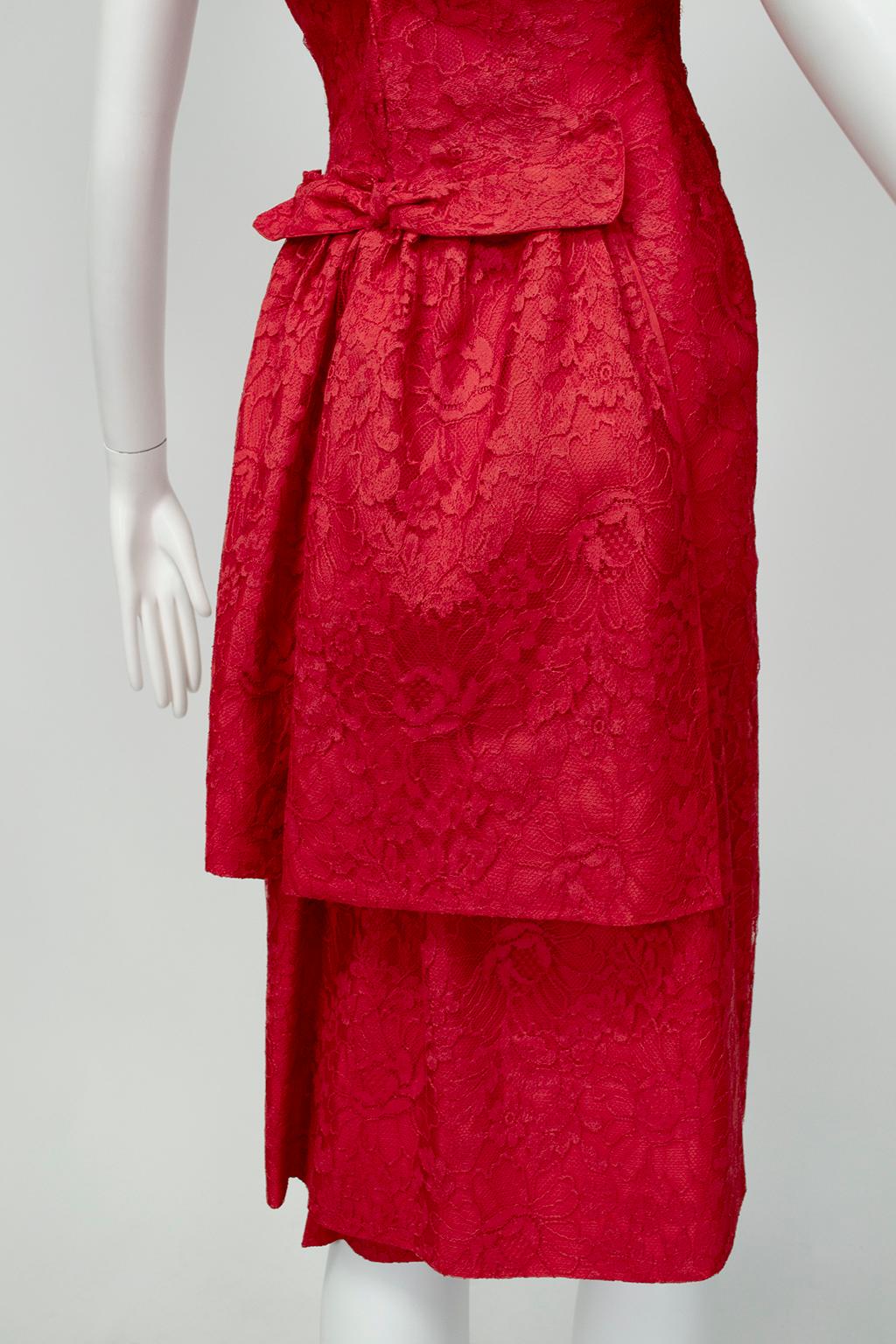 Jacques Cassia Haute Couture Five-Alarm Red Backless Lace Bustle Dress -M, 1960s 2