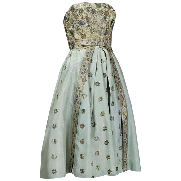 Jacques Cassia Haute Couture Strapless Silver Brocade Party Dress - S-M, 1950s