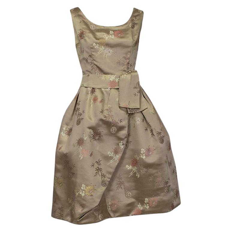 Jacques Cassia Haute Couture Taupe Brocade Corolle Tulip Skirt Dress - S, 1960s For Sale
