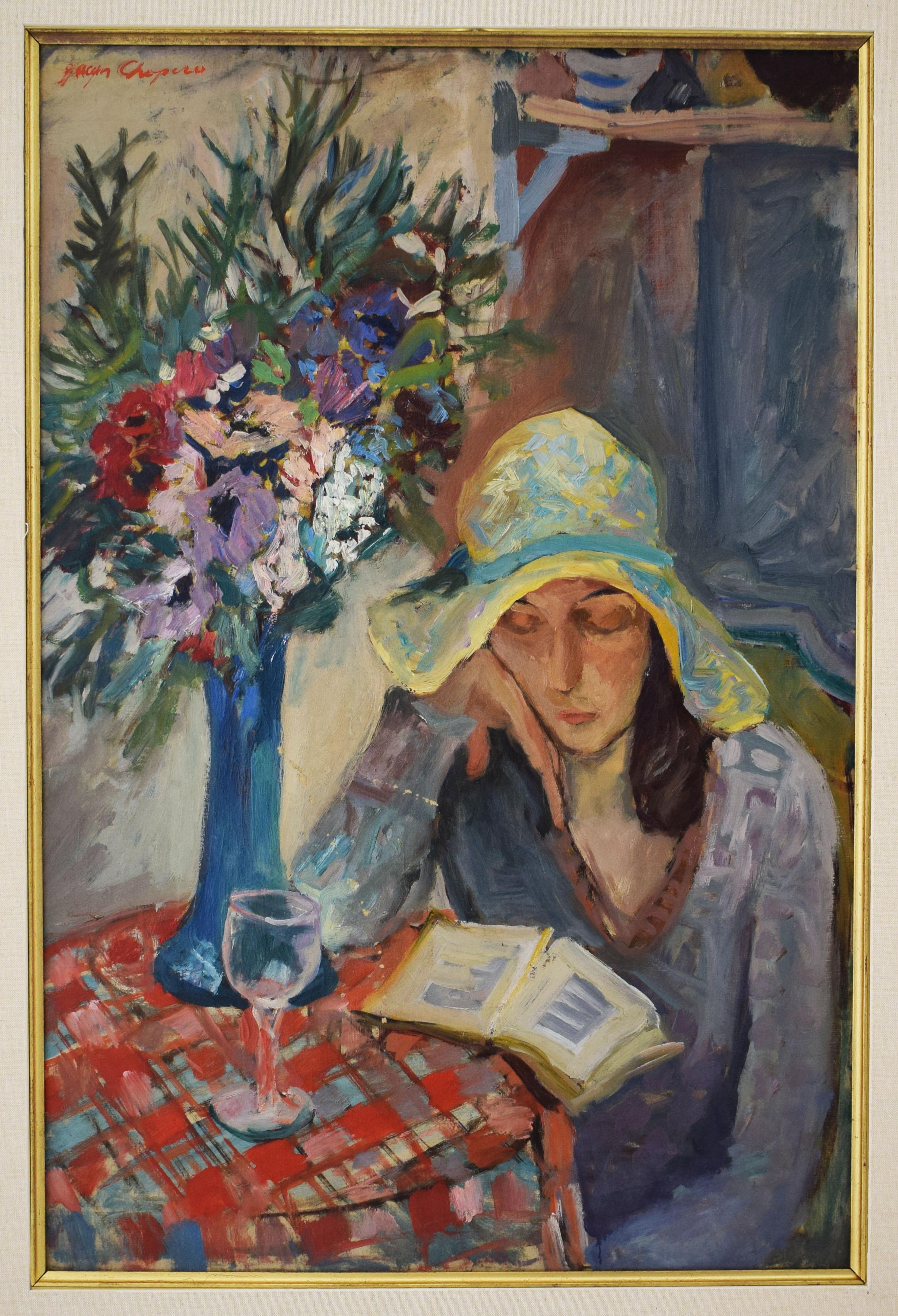 Frau in einem Interieur, die ein Buch liest - Ölgemälde Russische Ecole de Paris 1930 – Painting von Jacques Chapiro