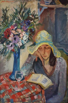 Femme dans un intérieur lisant un livre - Peinture à l'huile russe Ecole de Paris 1930