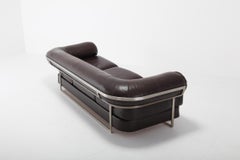 Jacques Charpentier Brown Leather 'Apollo' Sofa in Stainless Steel Frame