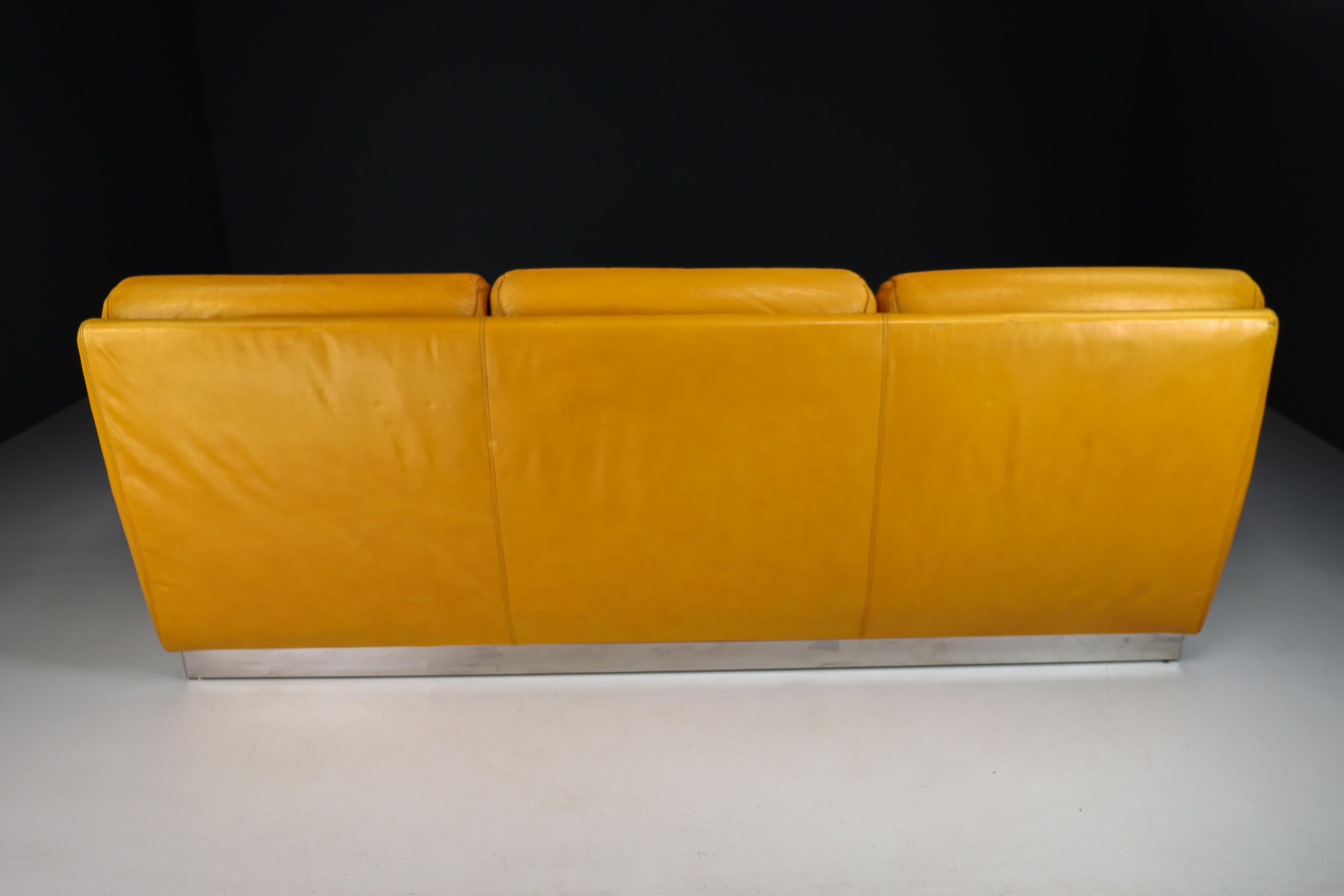 Jacques Charpentier Leather and Stainless Steel Lounge Sofa, France 1970s 3