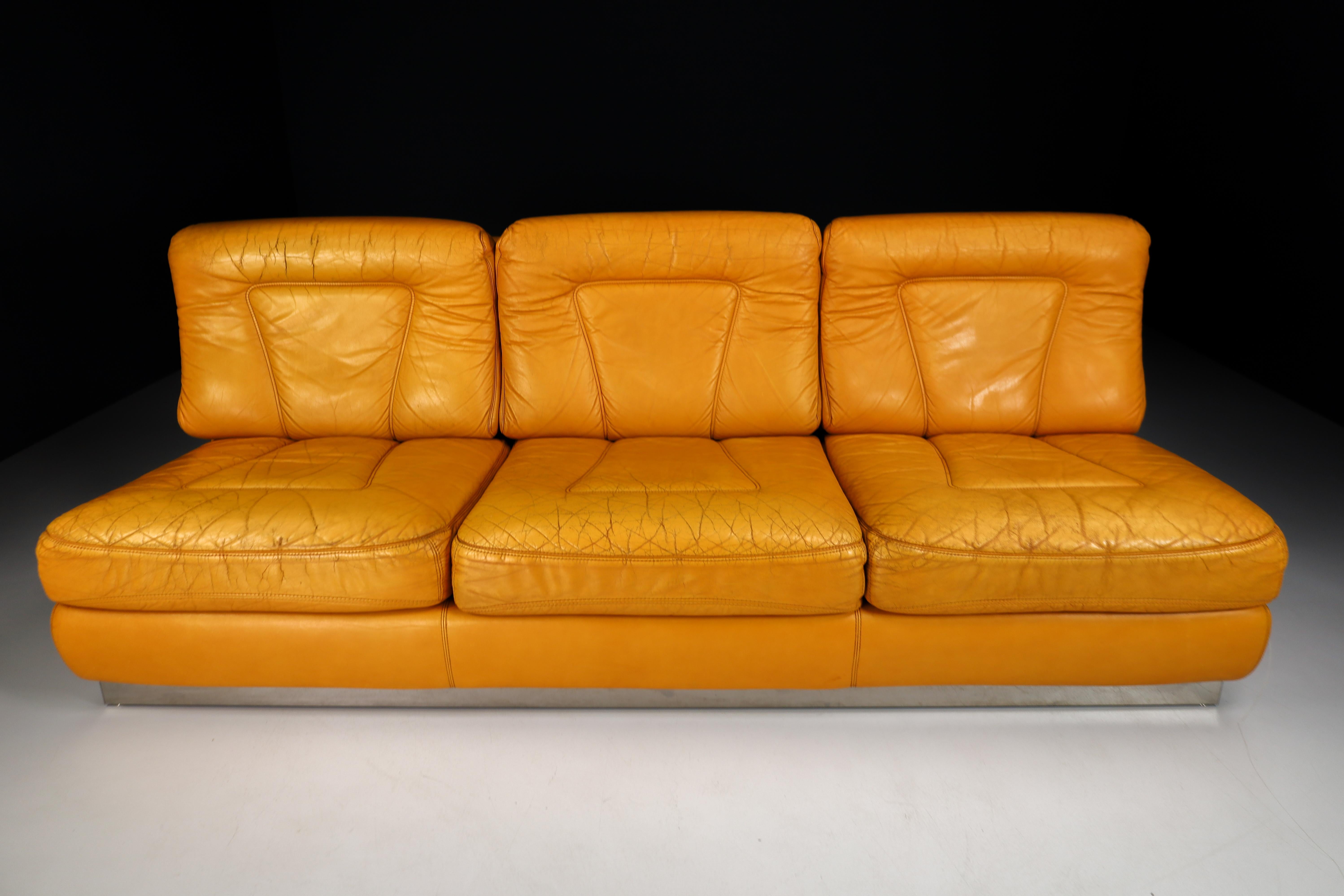Mid-Century Modern Jacques Charpentier Leather and Stainless Steel Lounge Sofa, France 1970s