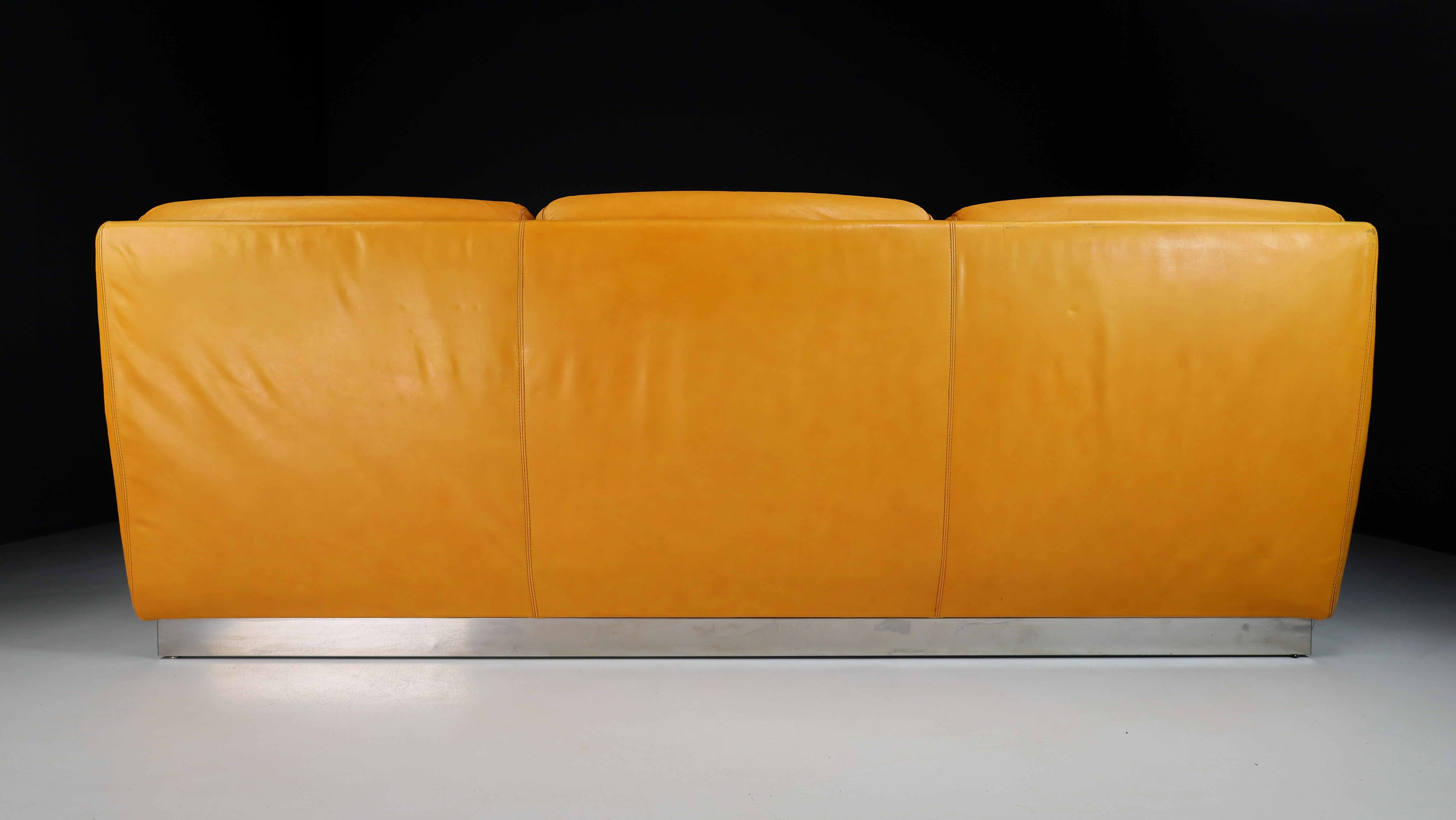 20th Century Jacques Charpentier Leather and Stainless Steel Lounge Sofa, France 1970s
