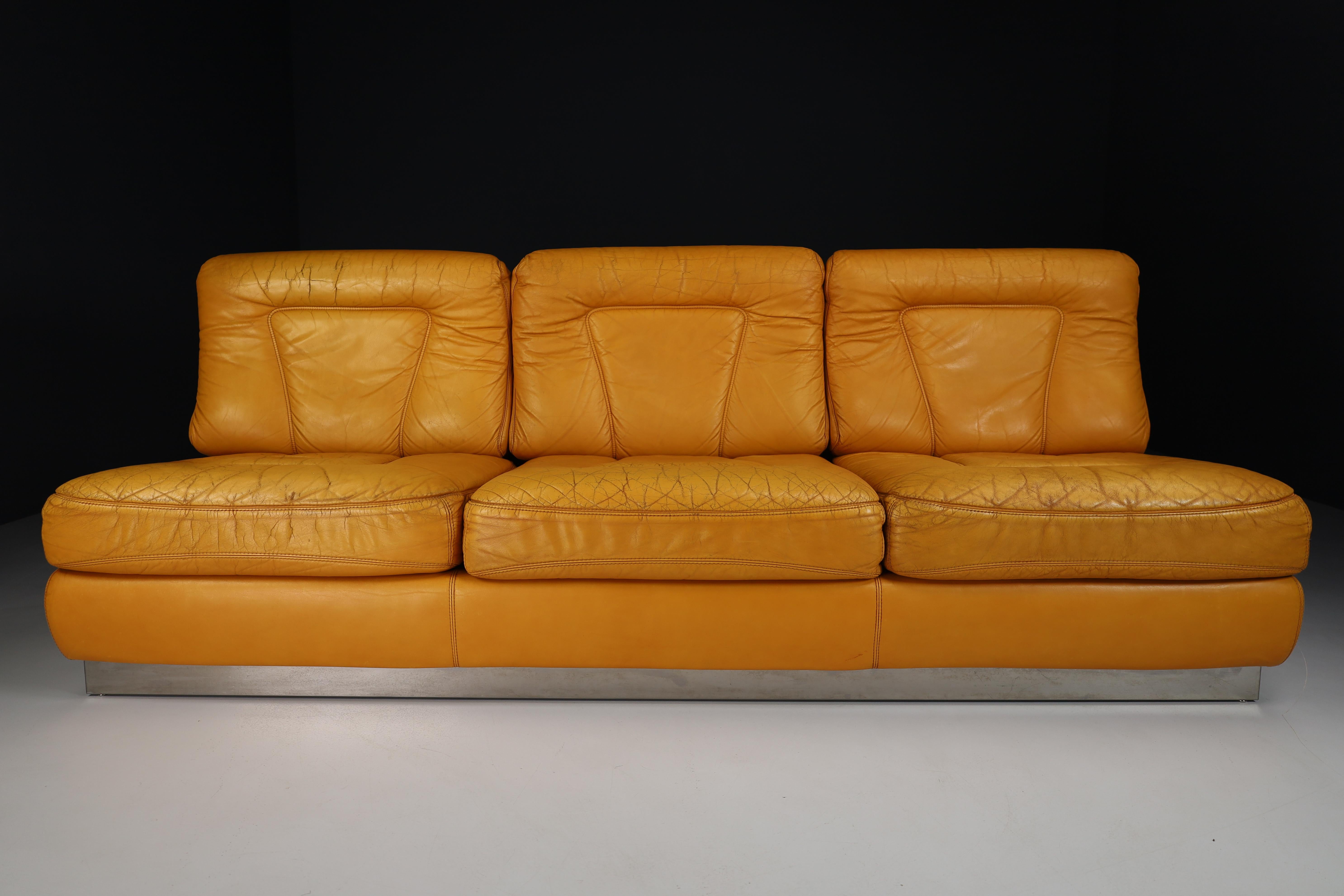 Jacques Charpentier Leather and Stainless Steel Lounge Sofa, France 1970s 1