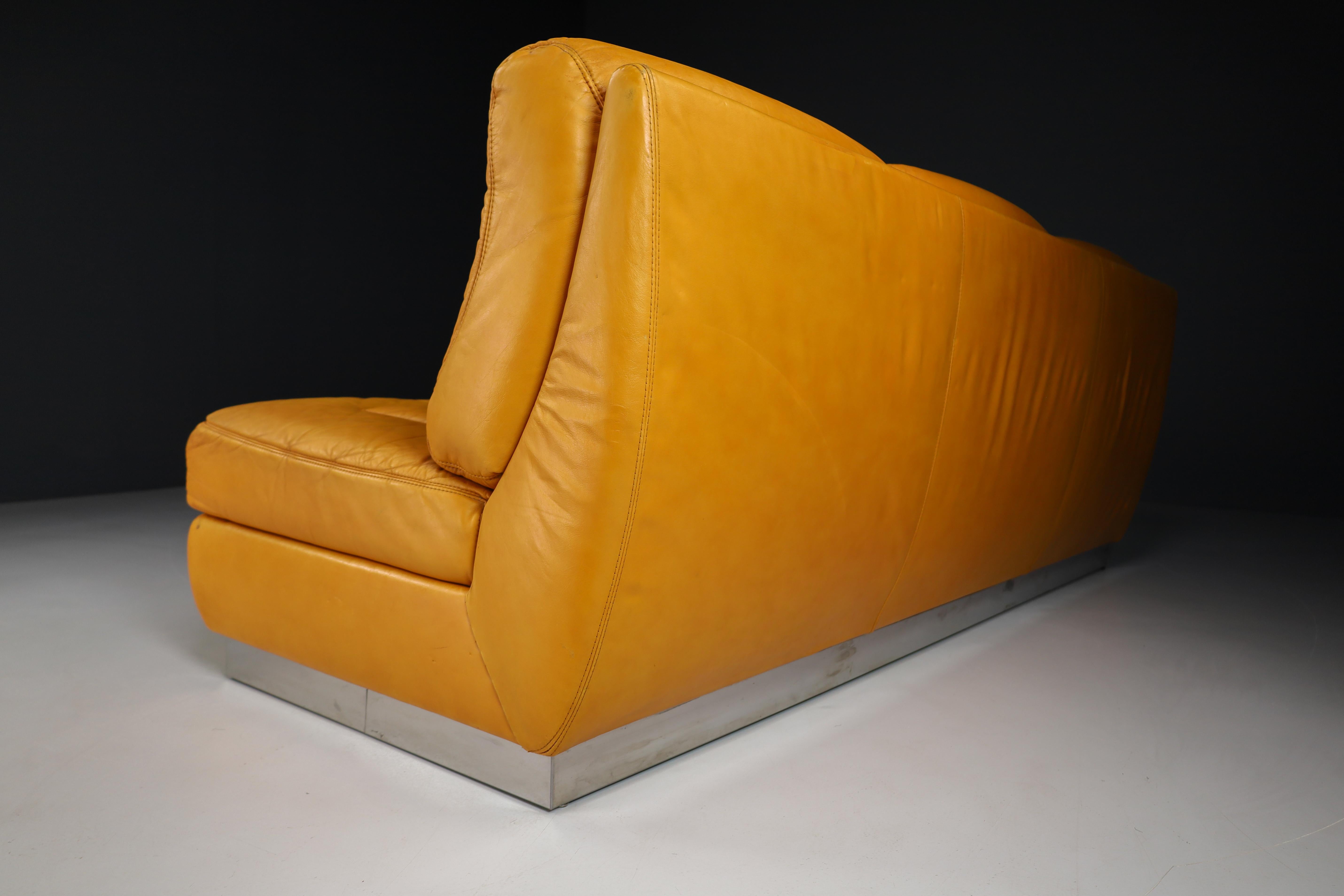 Jacques Charpentier Leather and Stainless Steel Lounge Sofa, France 1970s 2