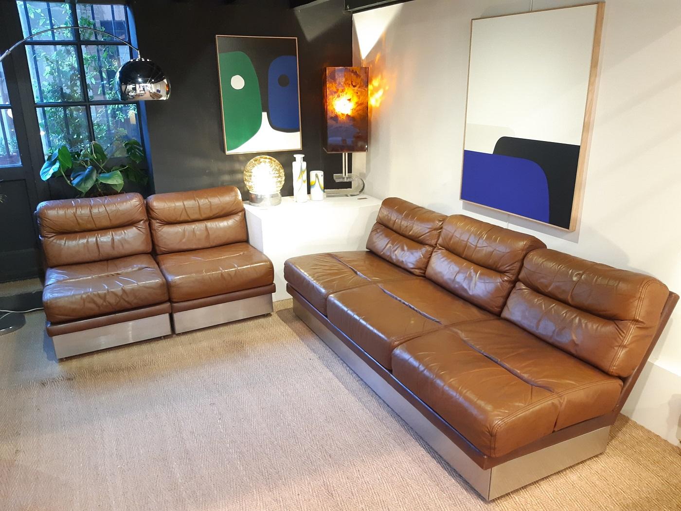 French Jacques Charpentier Leather Lounge Sofa and Chairs 1970 France Roche Bobois