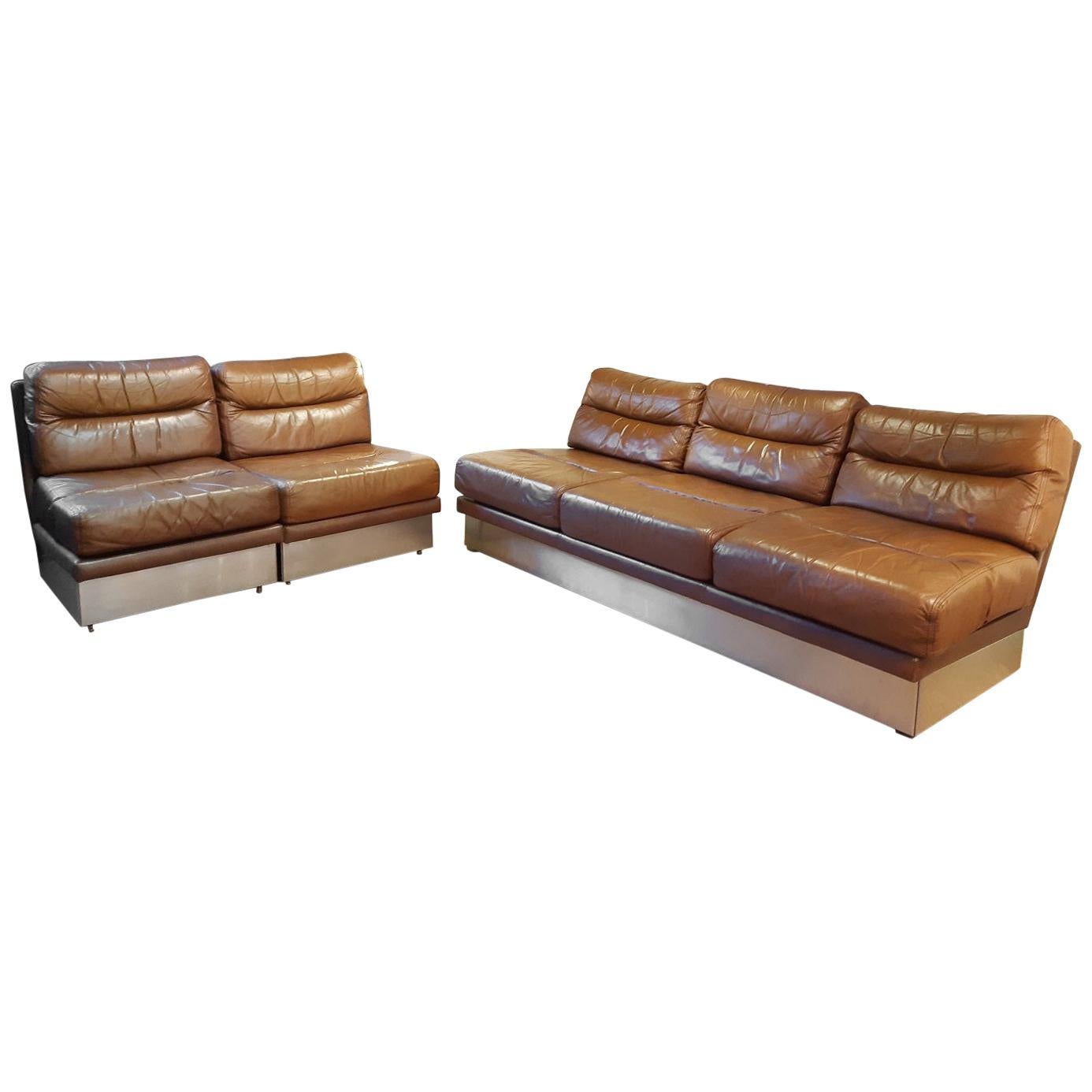 Jacques Charpentier Leather Lounge Sofa and Chairs 1970 France Roche Bobois