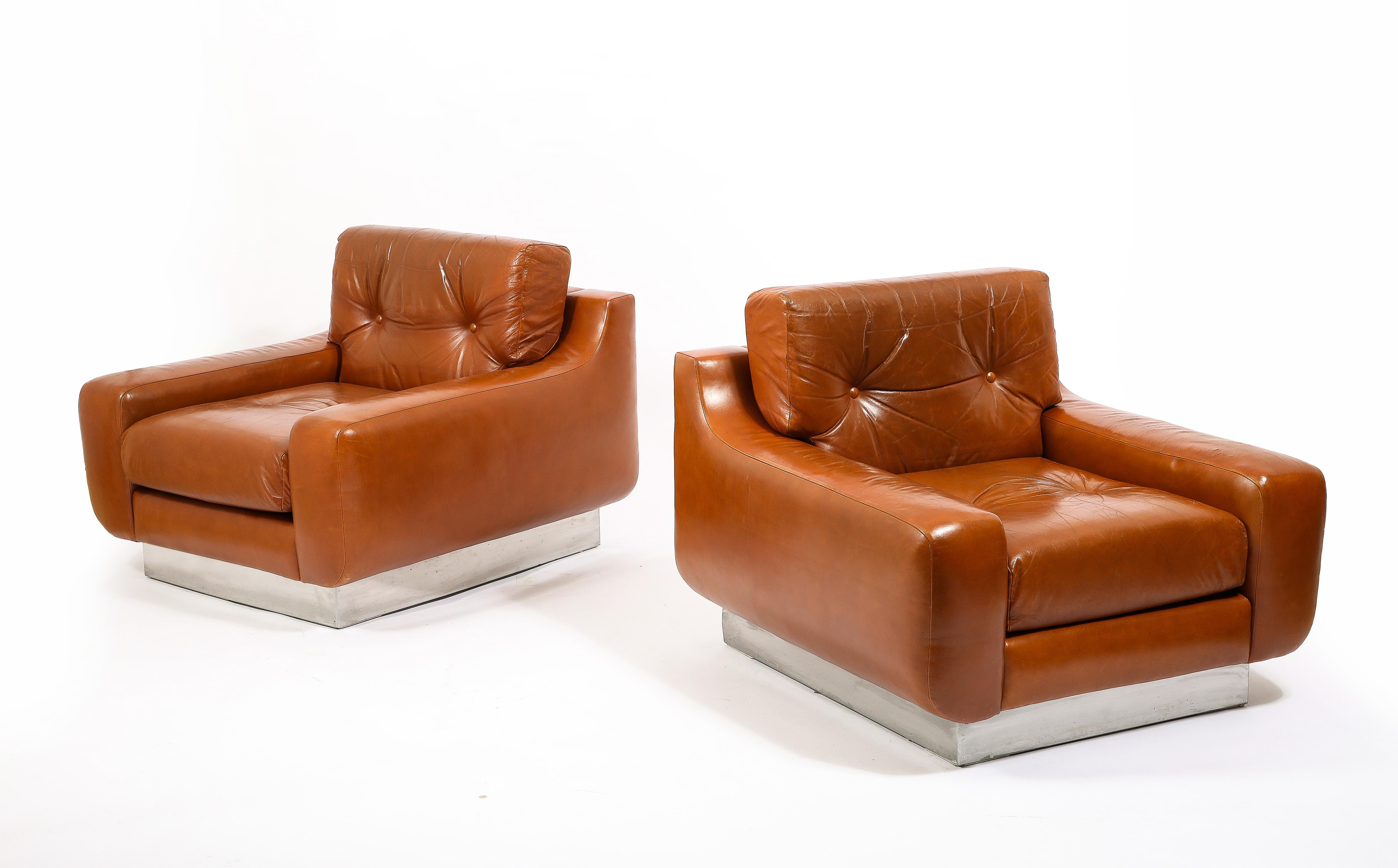 Jacques Charpentier Leather & Stainless Steel Armchairs, France 1970's For Sale 4