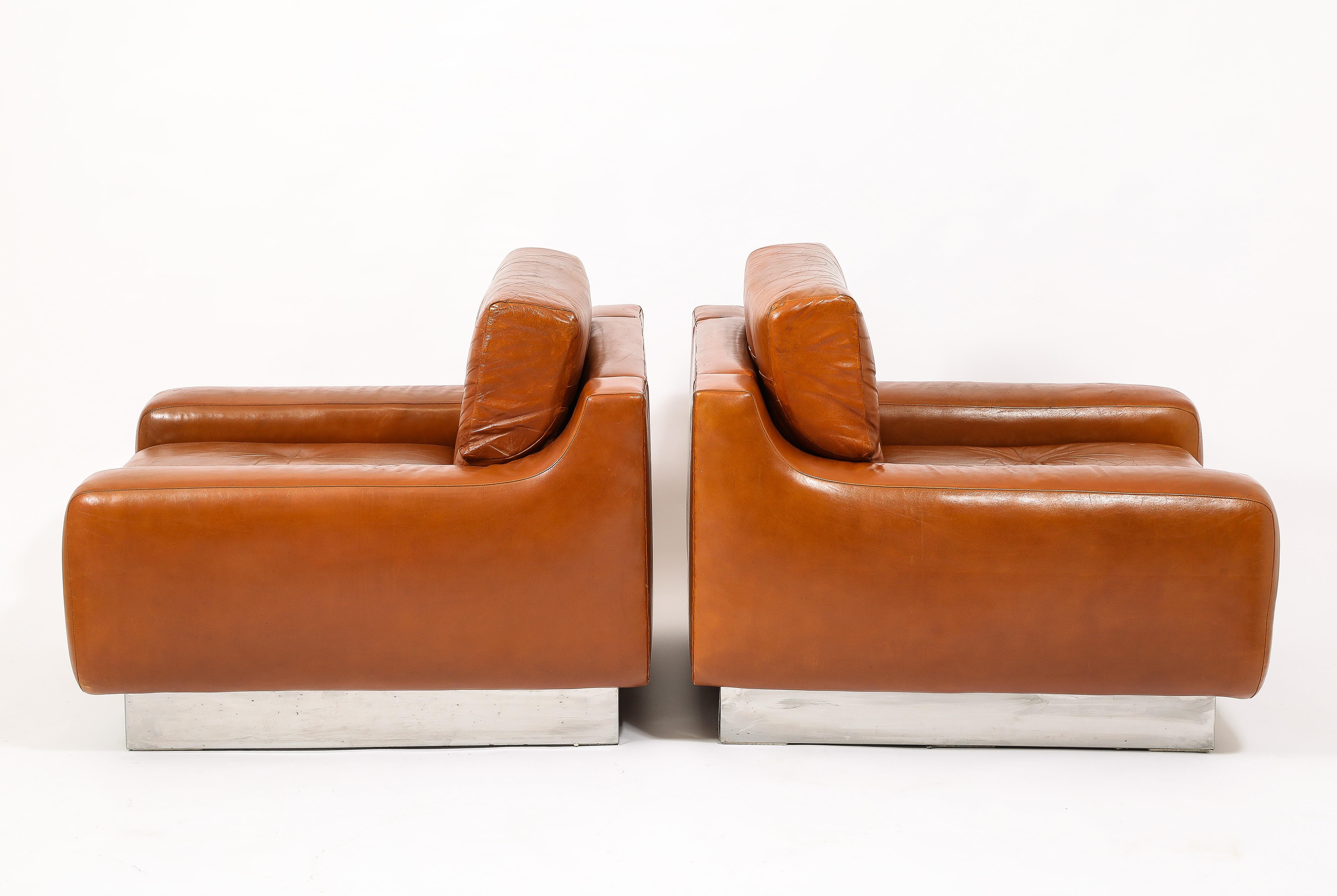Jacques Charpentier Leather & Stainless Steel Armchairs, France 1970's For Sale 5