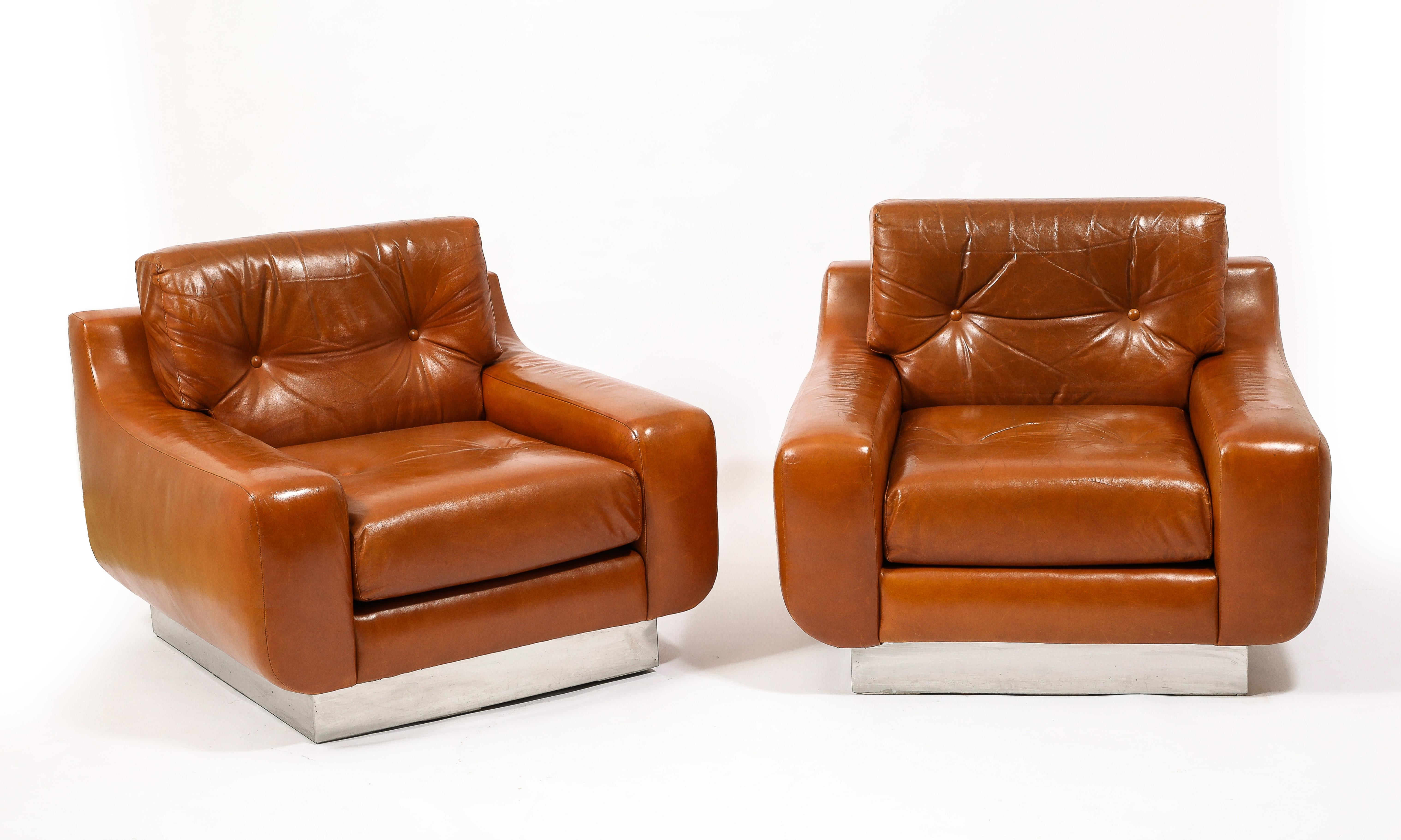 Mid-Century Modern Jacques Charpentier Leather & Stainless Steel Armchairs, France 1970's For Sale