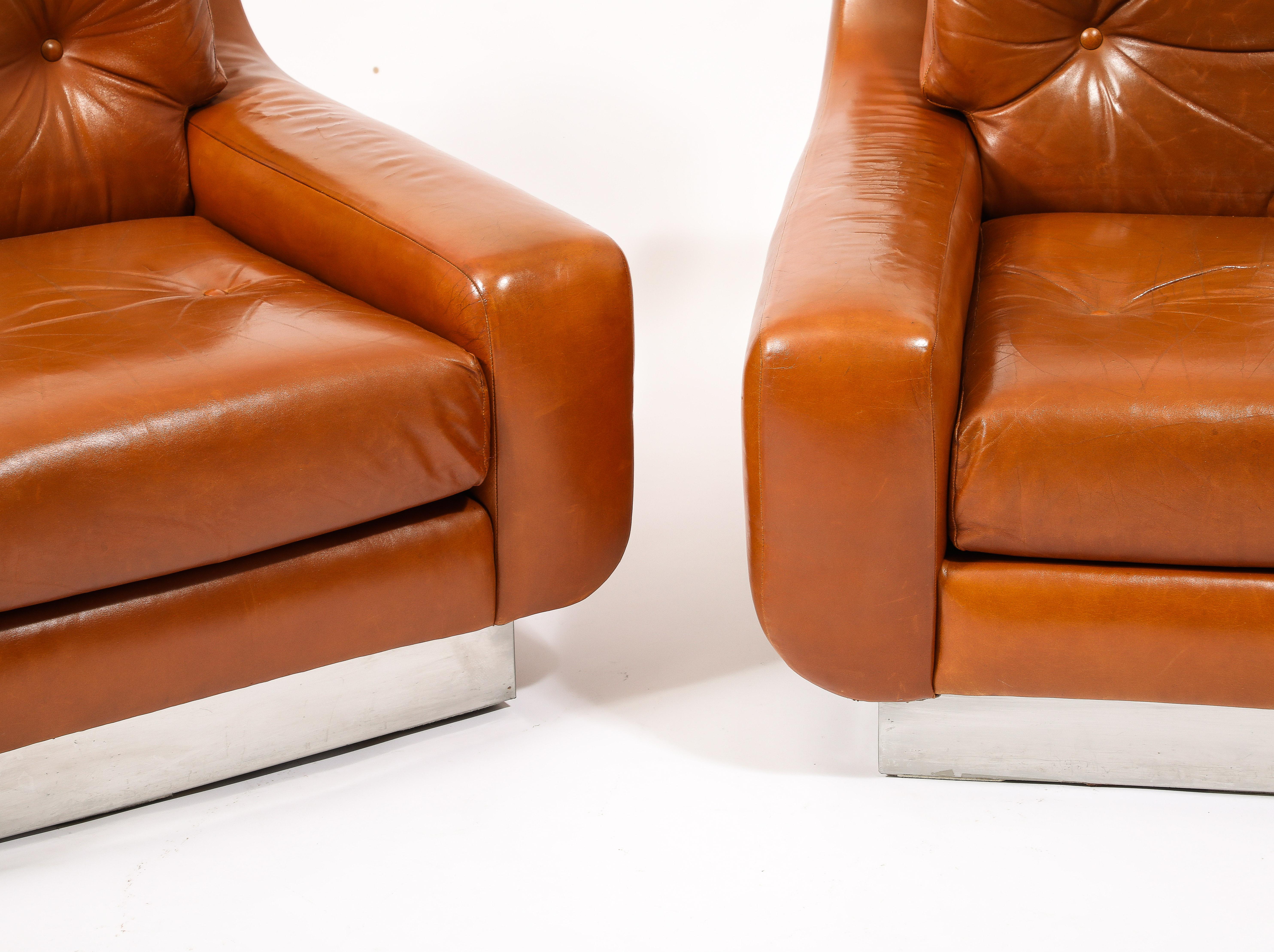 French Jacques Charpentier Leather & Stainless Steel Armchairs, France 1970's For Sale
