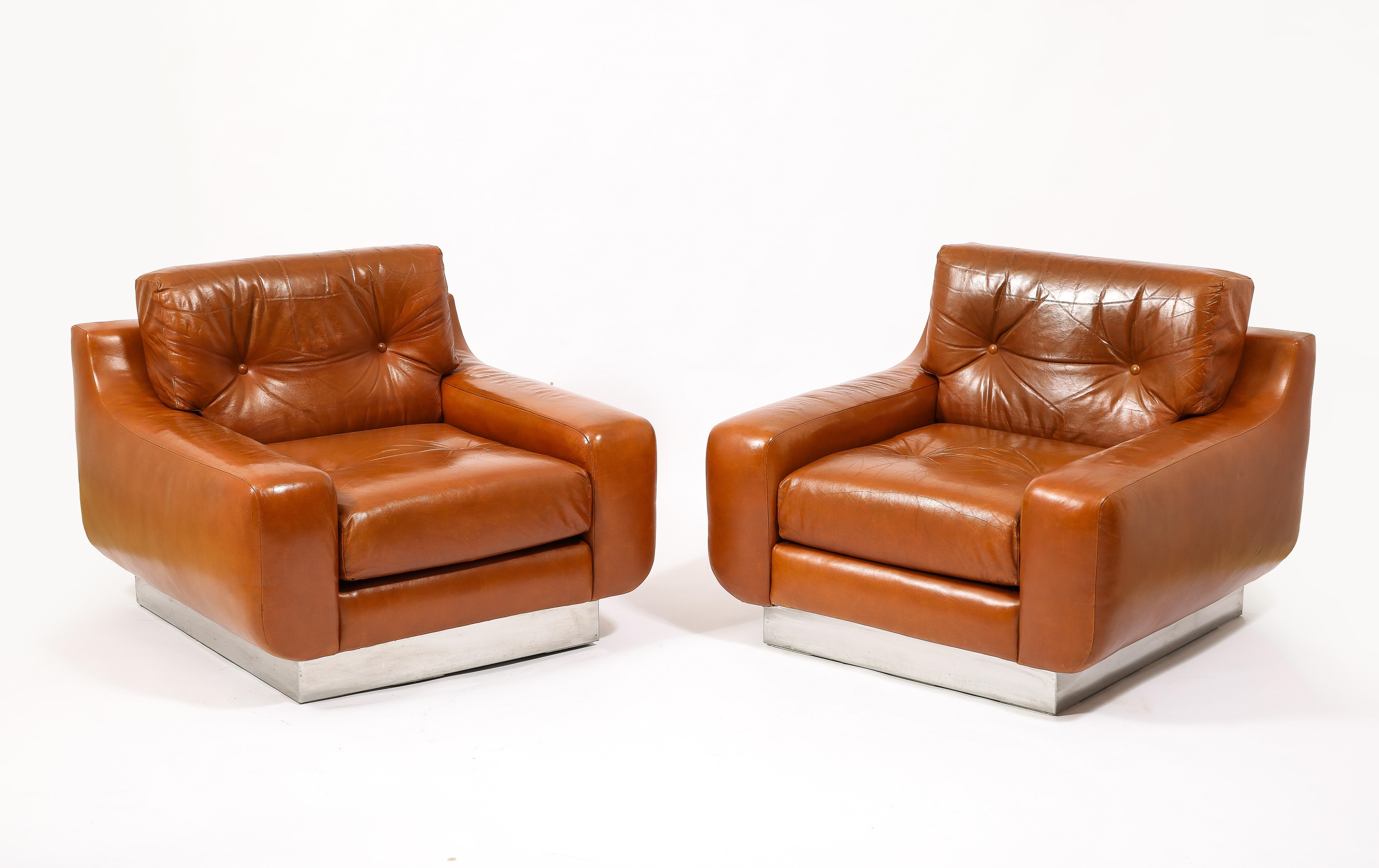 Jacques Charpentier Leather & Stainless Steel Armchairs, France 1970's In Good Condition For Sale In New York, NY