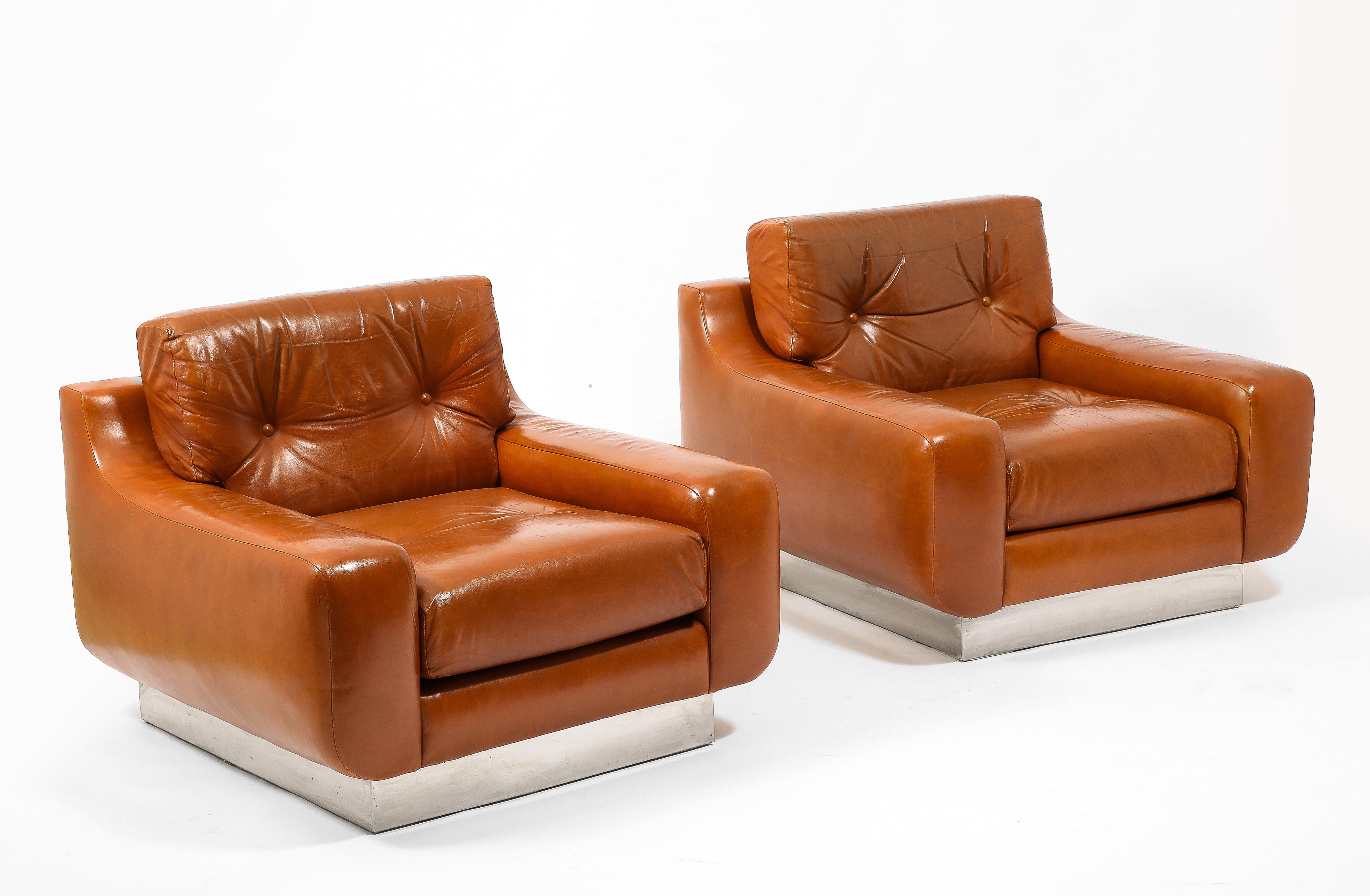 20th Century Jacques Charpentier Leather & Stainless Steel Armchairs, France 1970's For Sale