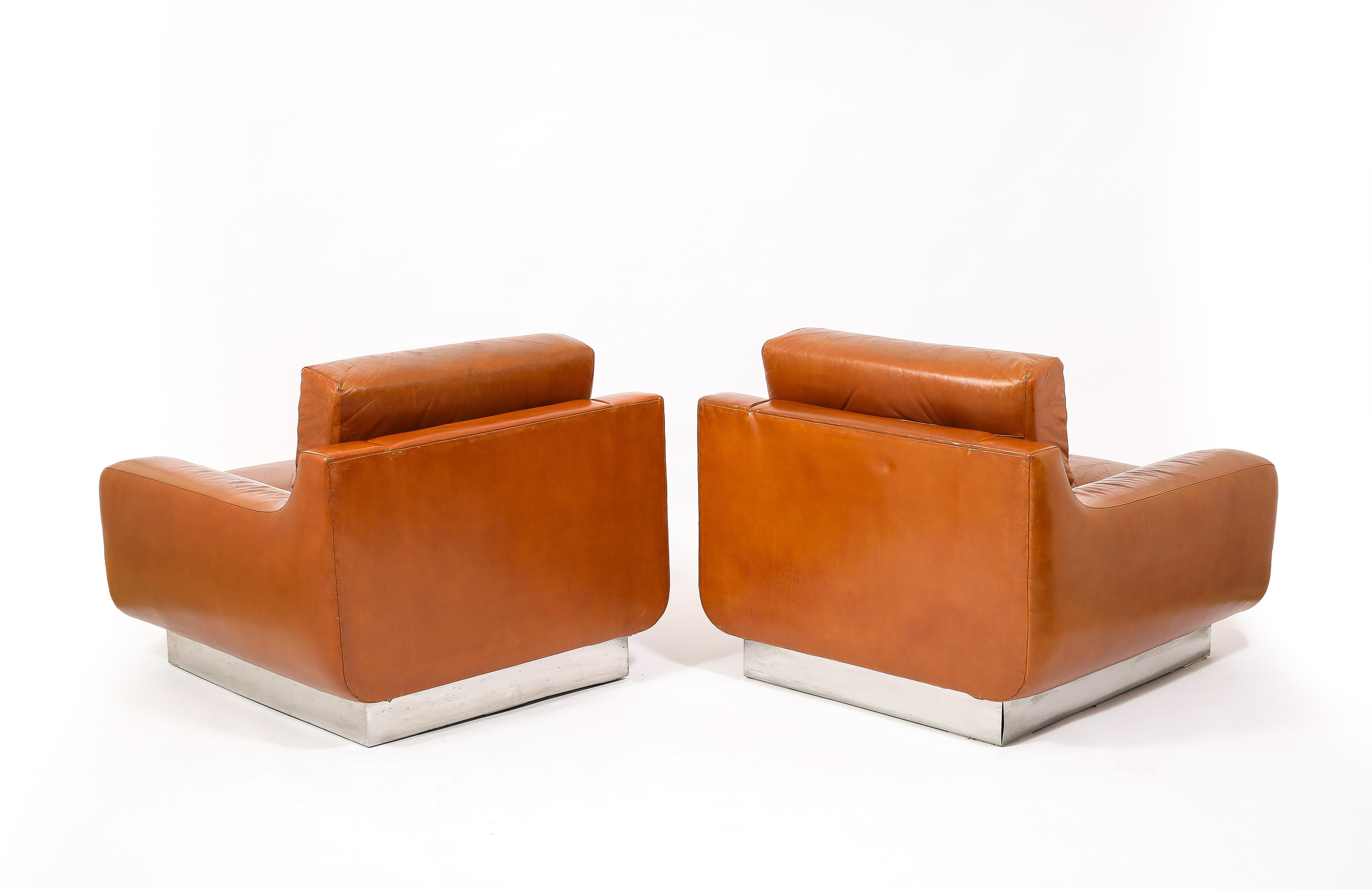 Jacques Charpentier Leather & Stainless Steel Armchairs, France 1970's For Sale 1