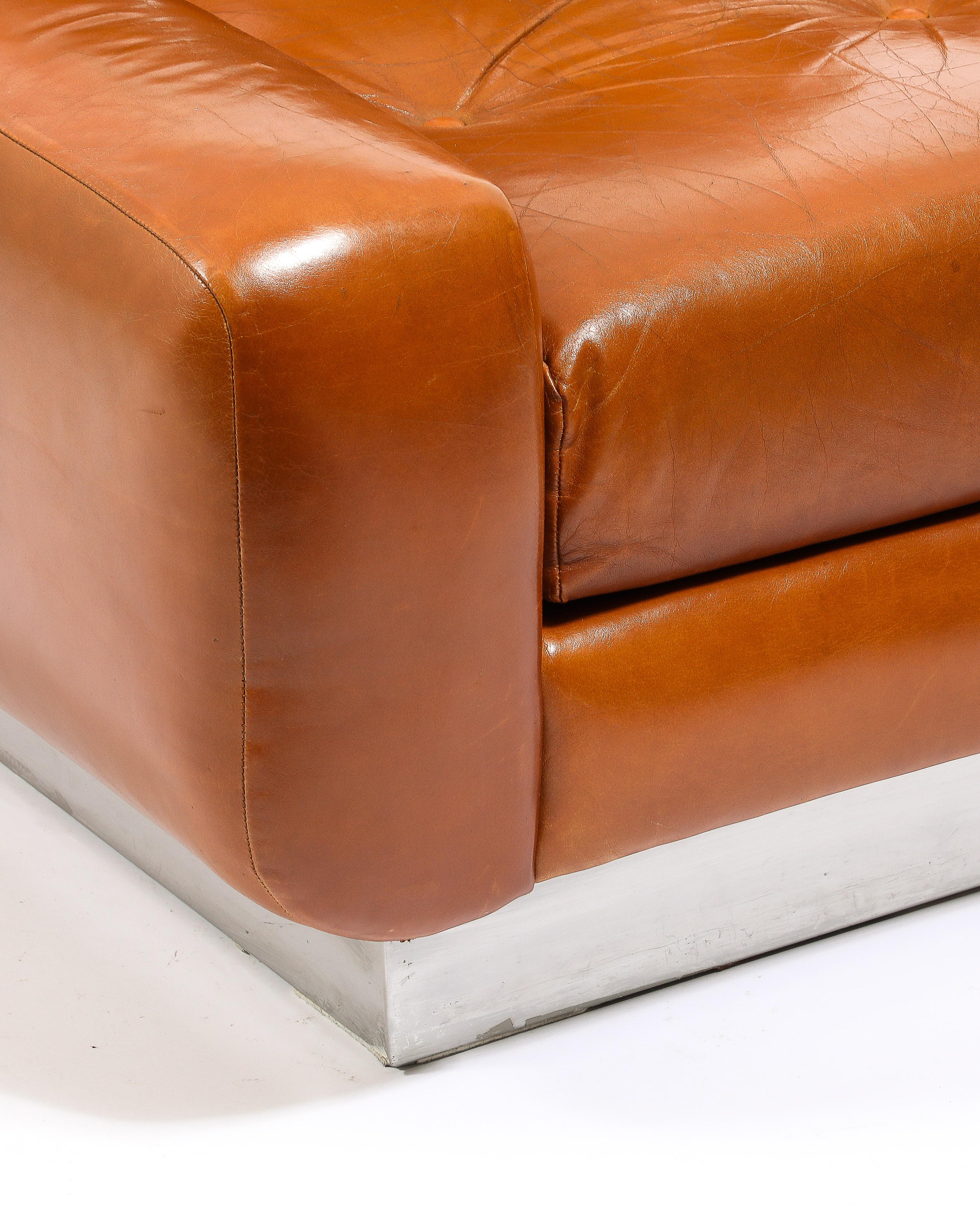 Jacques Charpentier Leather & Stainless Steel Armchairs, France 1970's For Sale 2