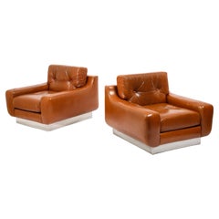 Jacques Charpentier Sillones de cuero y acero inoxidable, Francia Años 70