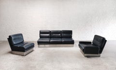 Ensemble de salon Jacques Charpentier en cuir et acier, France, années 1970