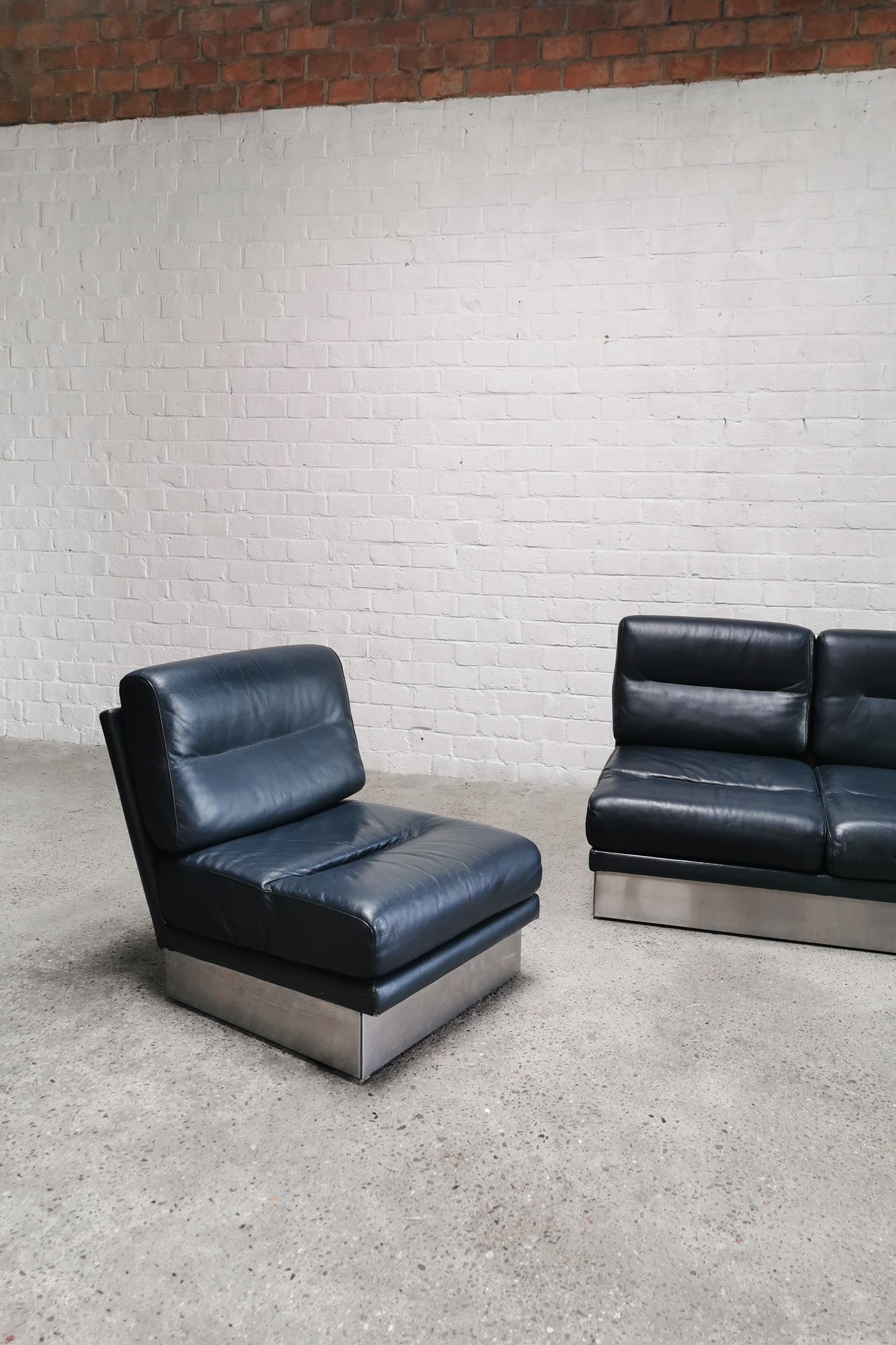 French Jacques Charpentier Leather & Steel Living Room Set, France 1970's