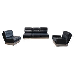 Jacques Charpentier Leather & Steel Living Room Set, France 1970's