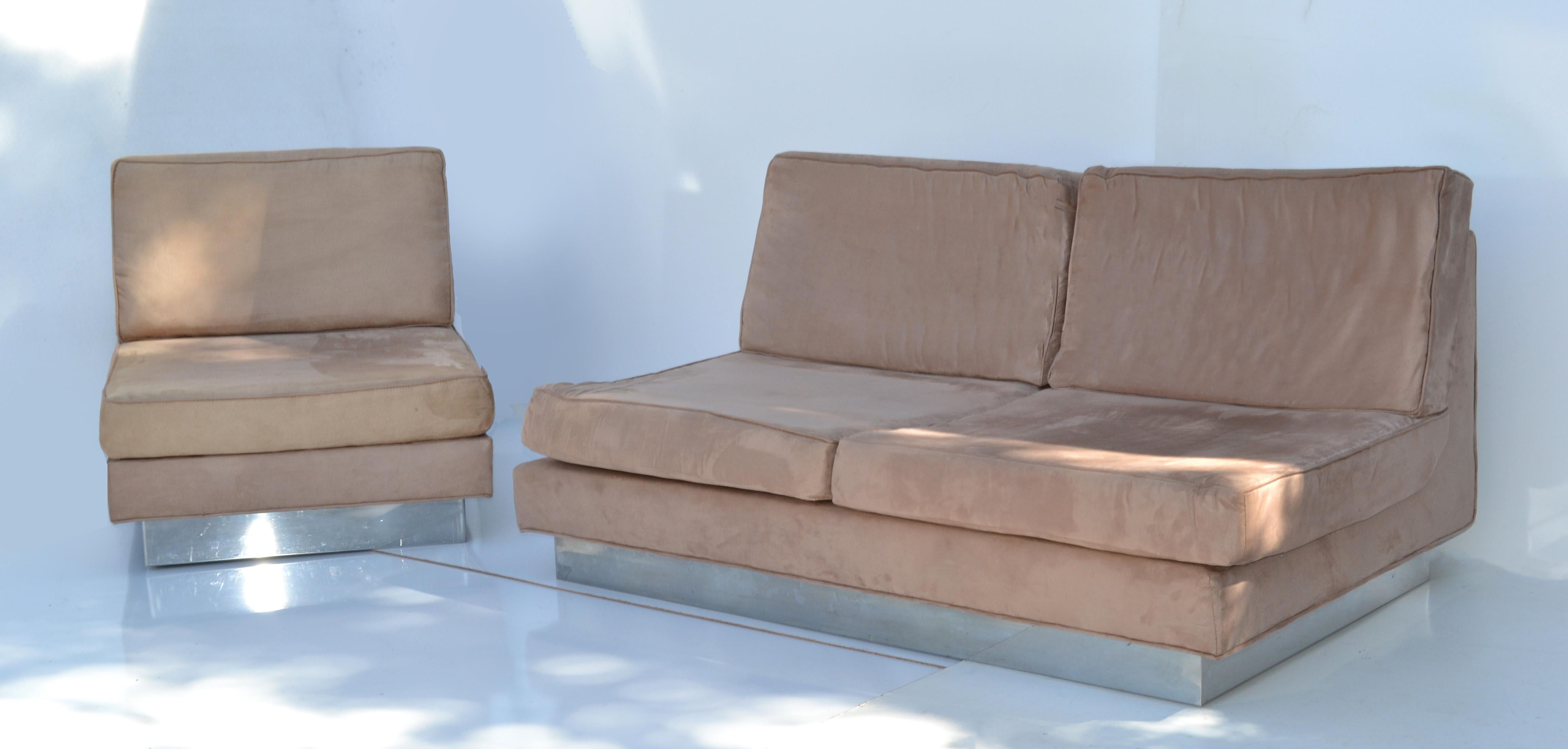 Jacques Charpentier Loveseat & Lounge Chair in Beige Ultrasuede 1970 France For Sale 5