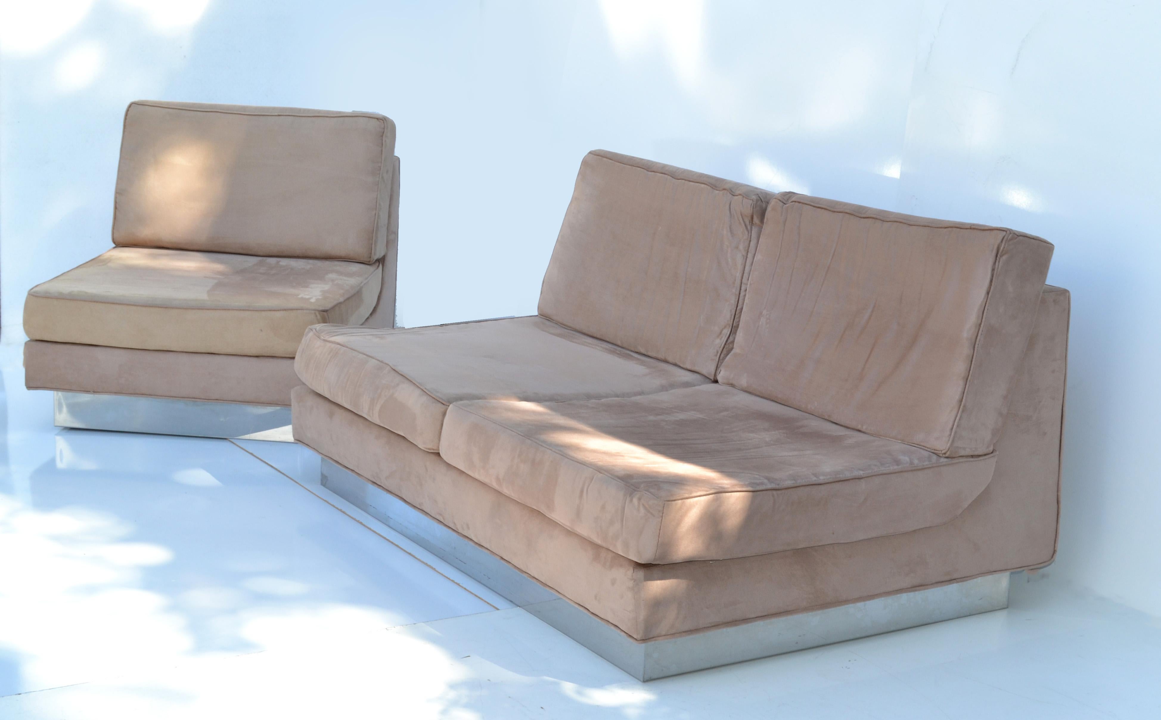Polished Jacques Charpentier Loveseat & Lounge Chair in Beige Ultrasuede 1970 France For Sale