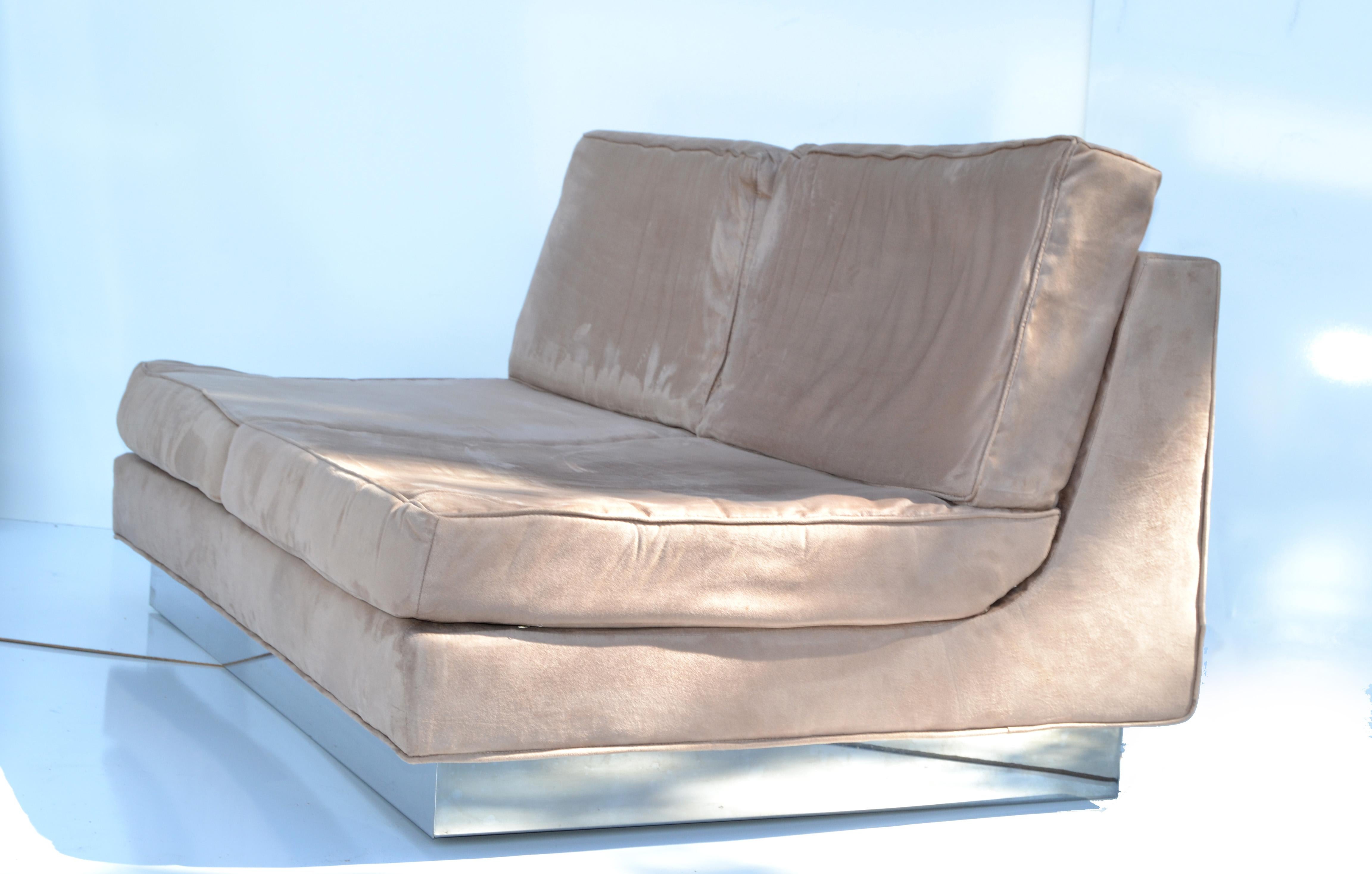Chrome Jacques Charpentier Loveseat & Lounge Chair in Beige Ultrasuede 1970 France For Sale