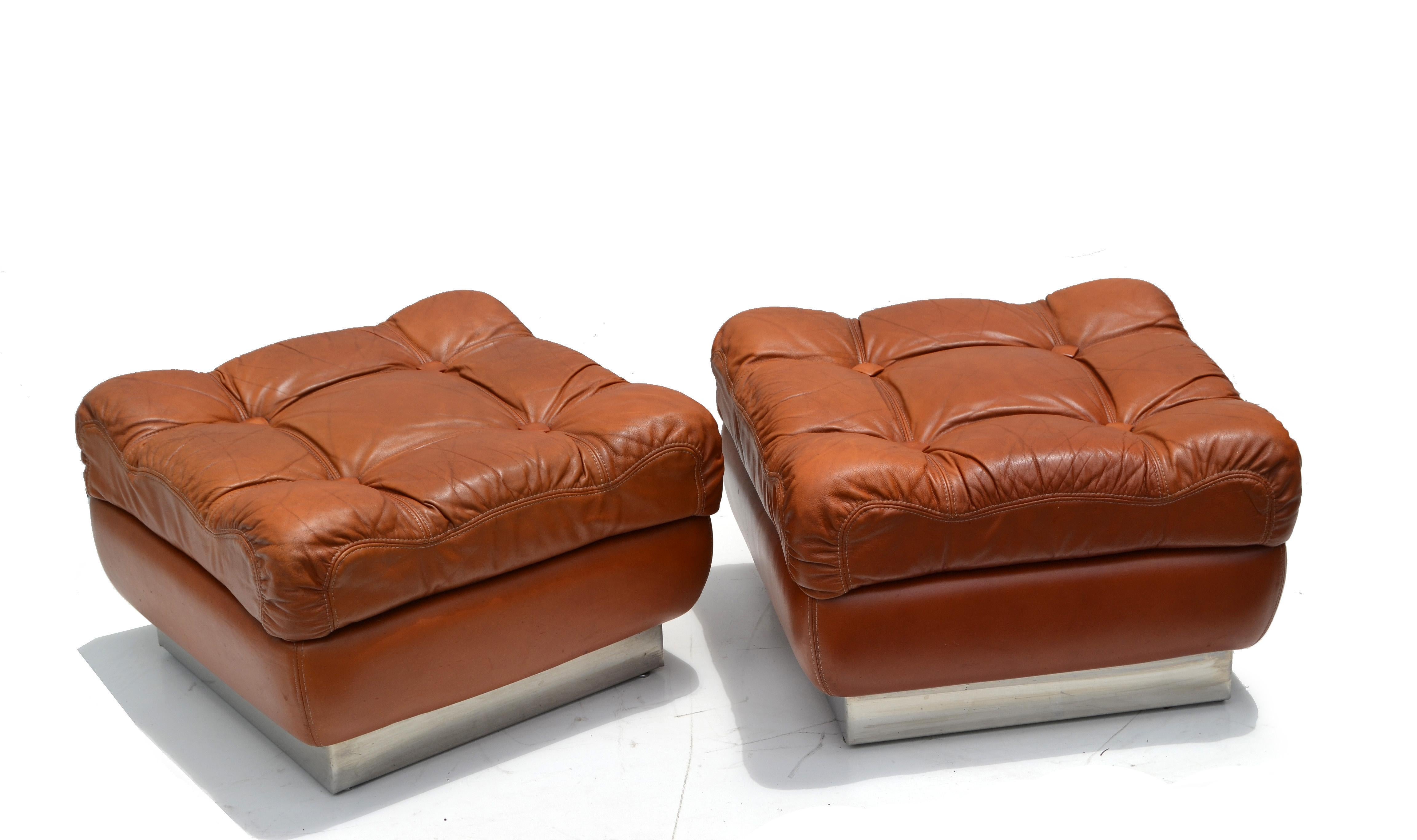 Jacques Charpentier Mid-Century Modern Tufted Leather Ottoman Stool Pair For Sale 7