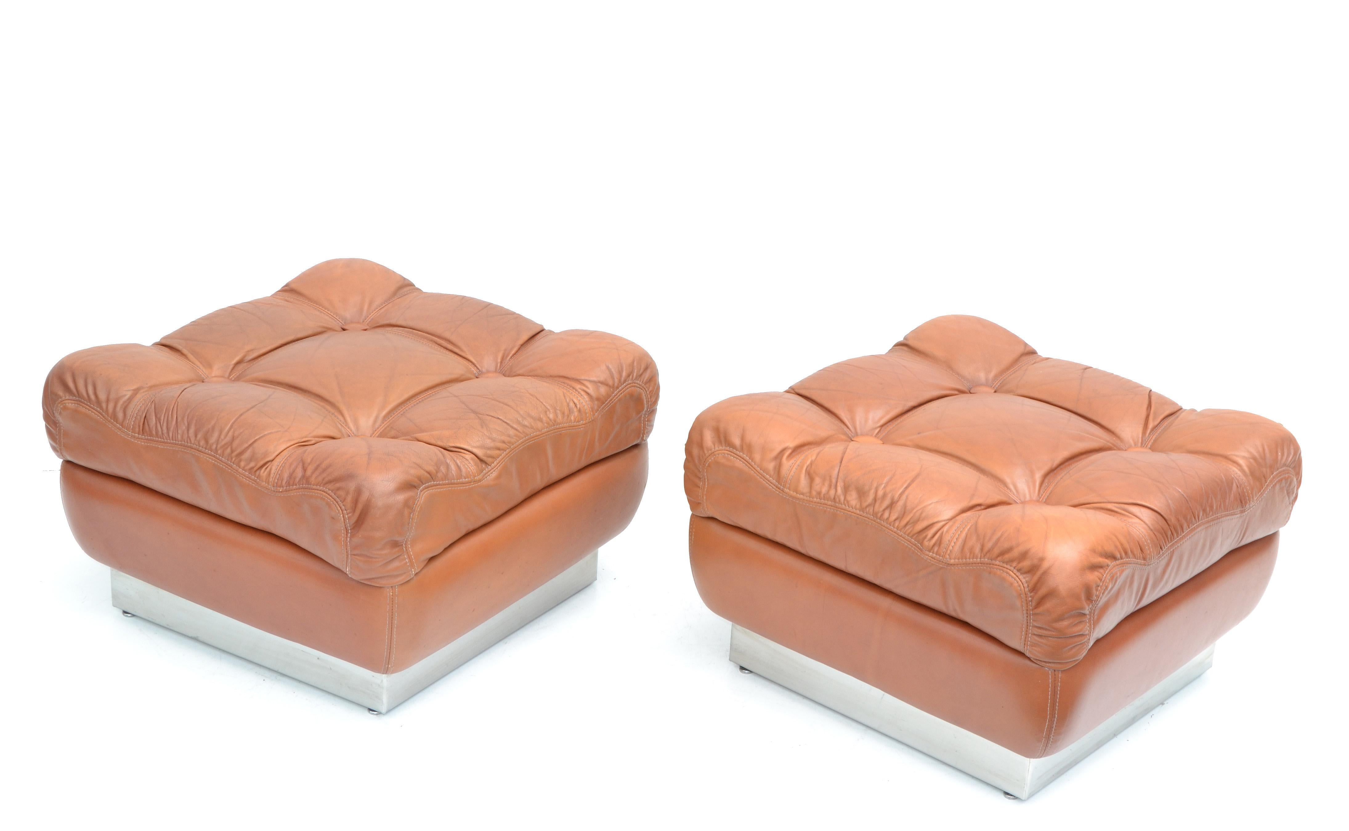 Pair of Jacques Charpentière Mid-Century Modern 1970 French stool, ottoman side tables in original tufted brown leather upholstery and polished chrome base.
Very good original condition.