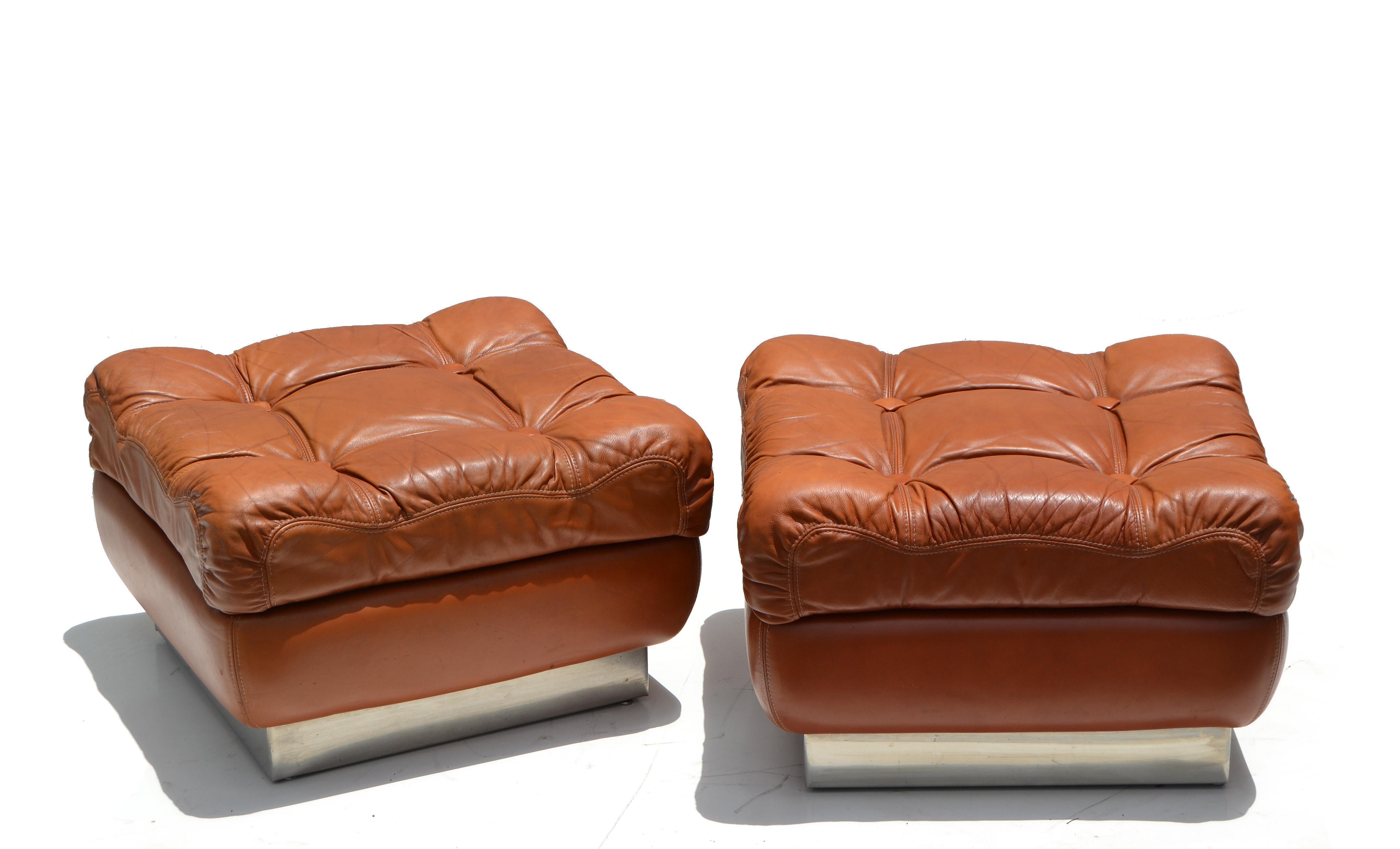 French Jacques Charpentier Mid-Century Modern Tufted Leather Ottoman Stool Pair For Sale