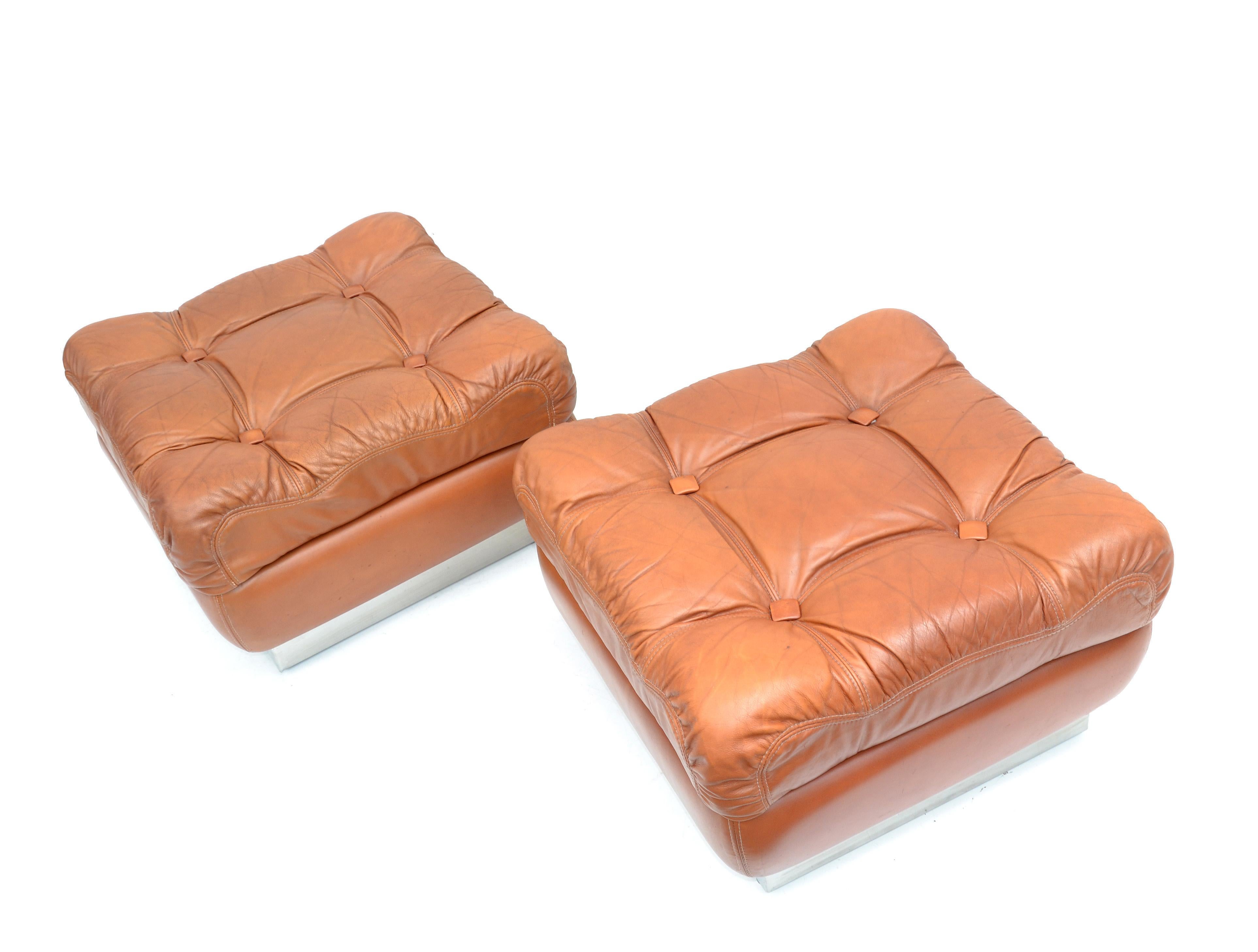 Jacques Charpentier Mid-Century Modern Tufted Leather Ottoman Stool Pair For Sale 2