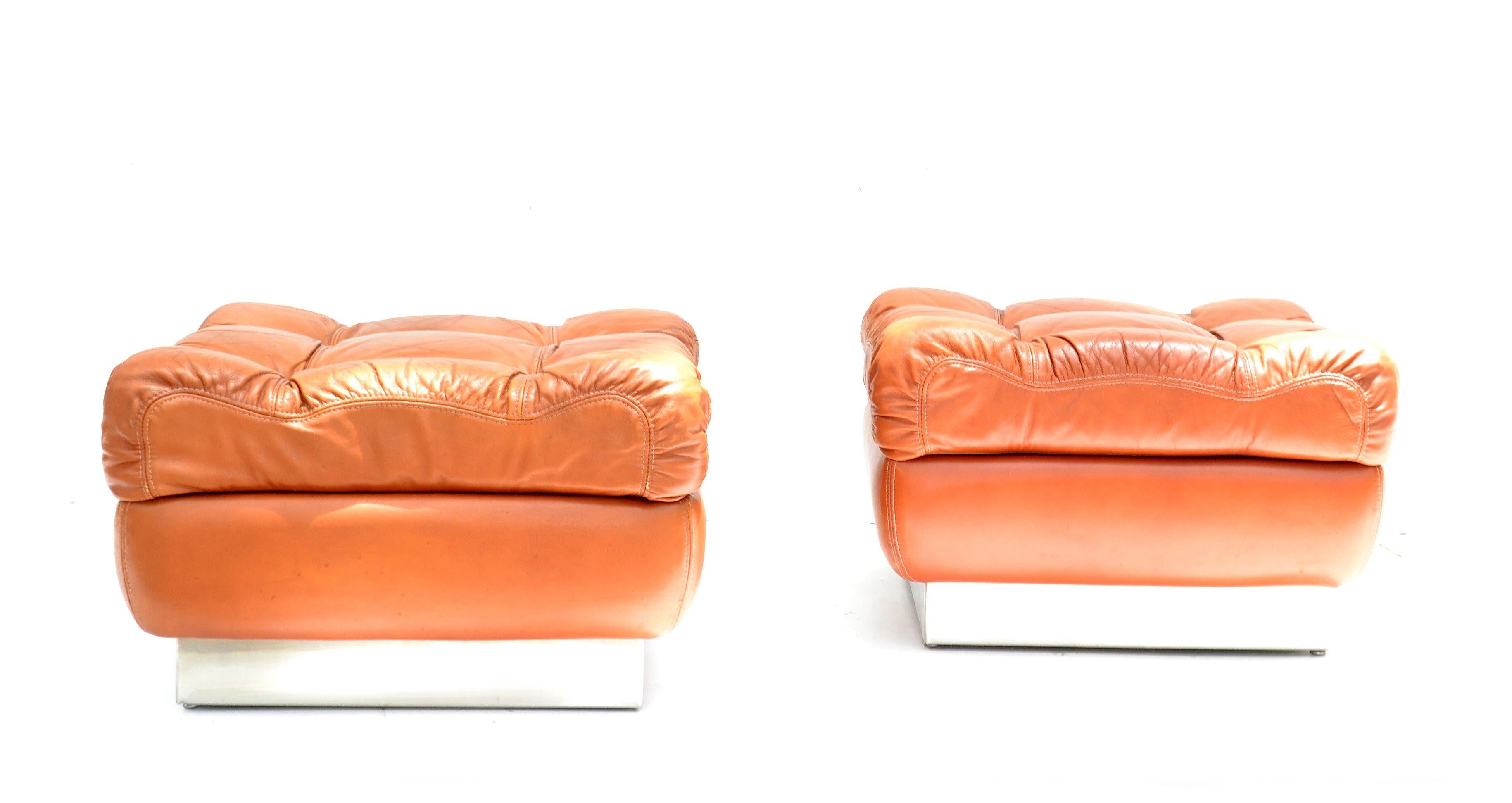 Jacques Charpentier Mid-Century Modern Tufted Leather Ottoman Stool Pair For Sale 3