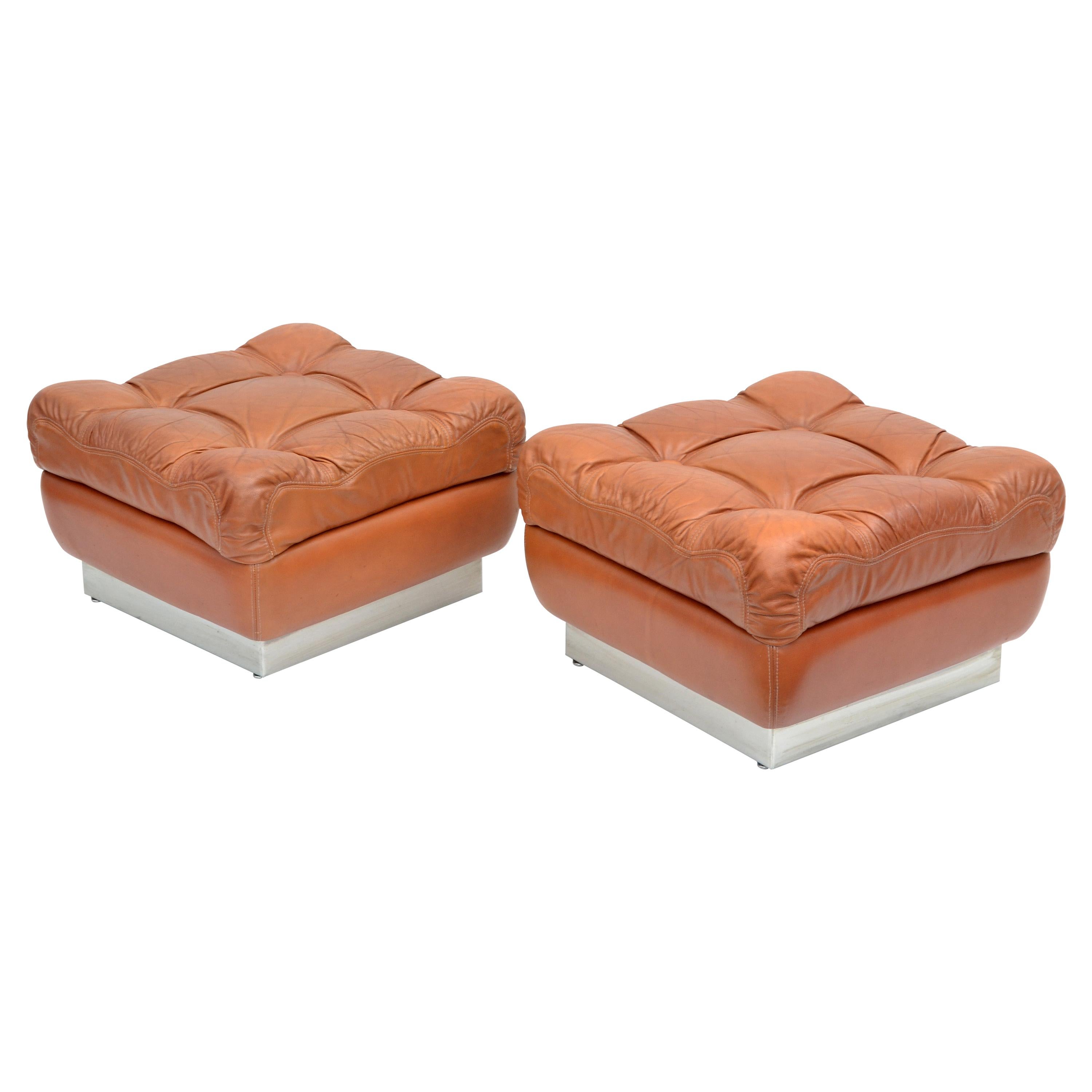 Jacques Charpentier Mid-Century Modern Tufted Leather Ottoman Stool Pair