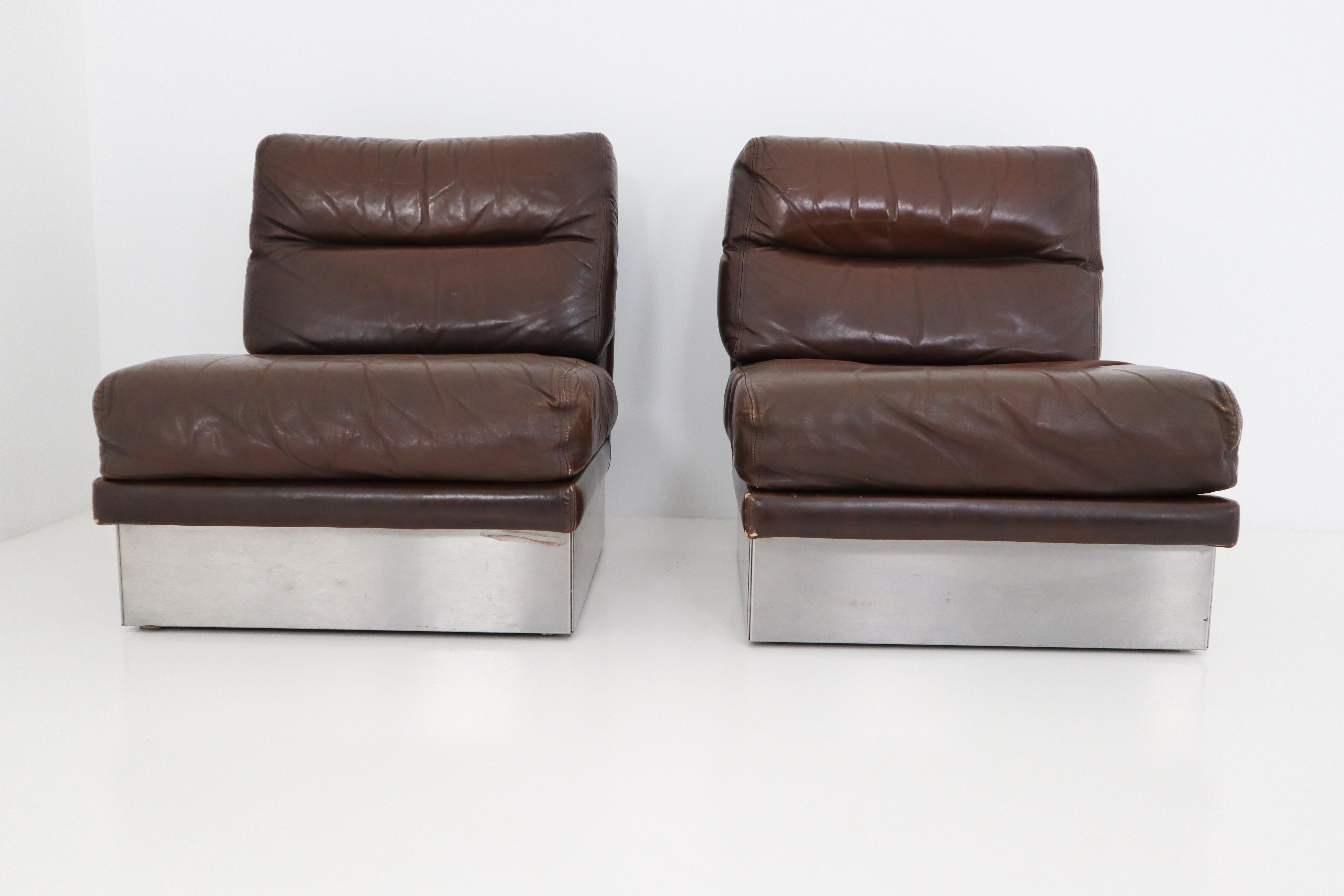 Jacques Charpentier Pair of Lounge Chairs, Brown Leather, Steel Base, 1970s 2