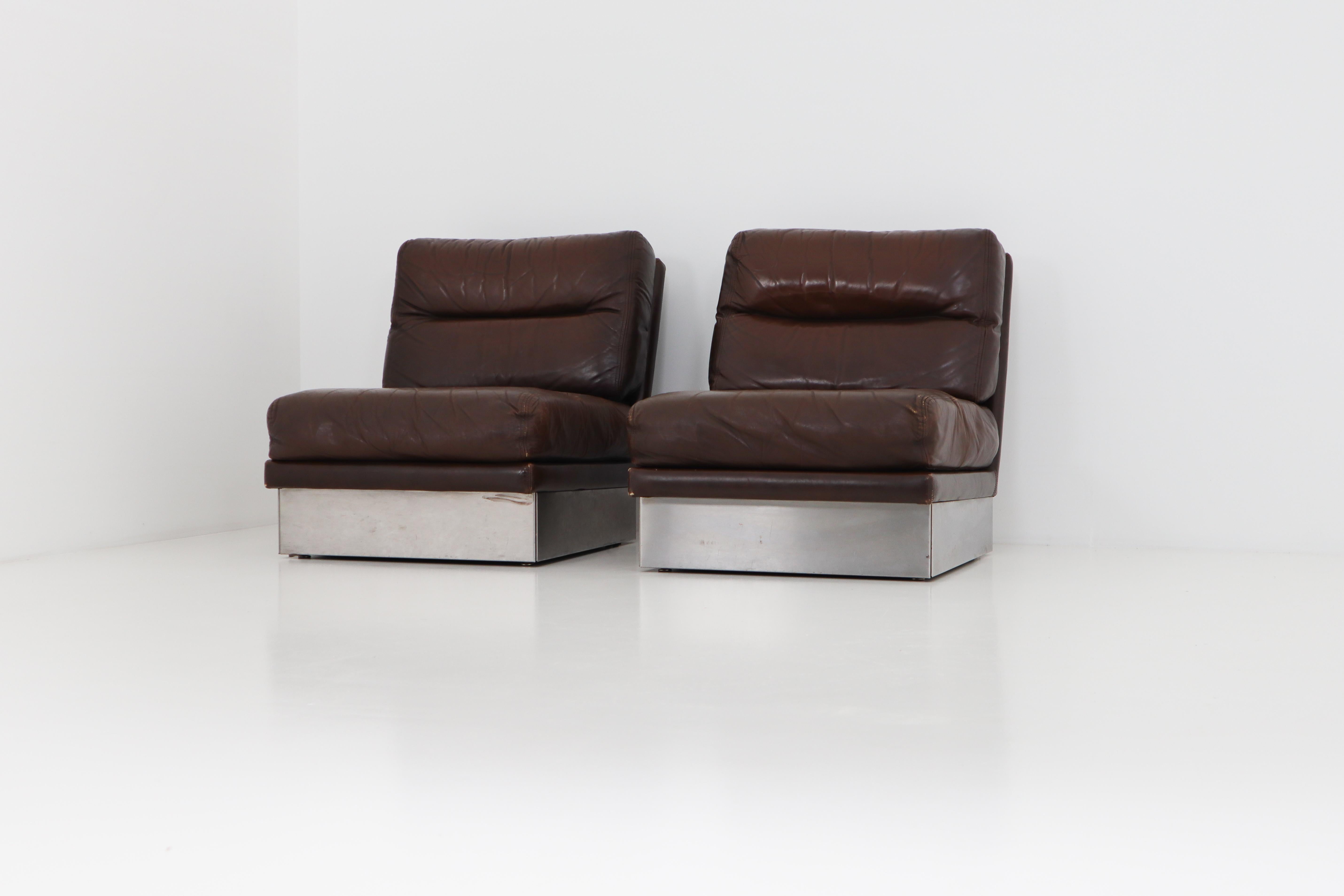 Jacques Charpentier Pair of Lounge Chairs, Brown Leather, Steel Base, 1970s 4