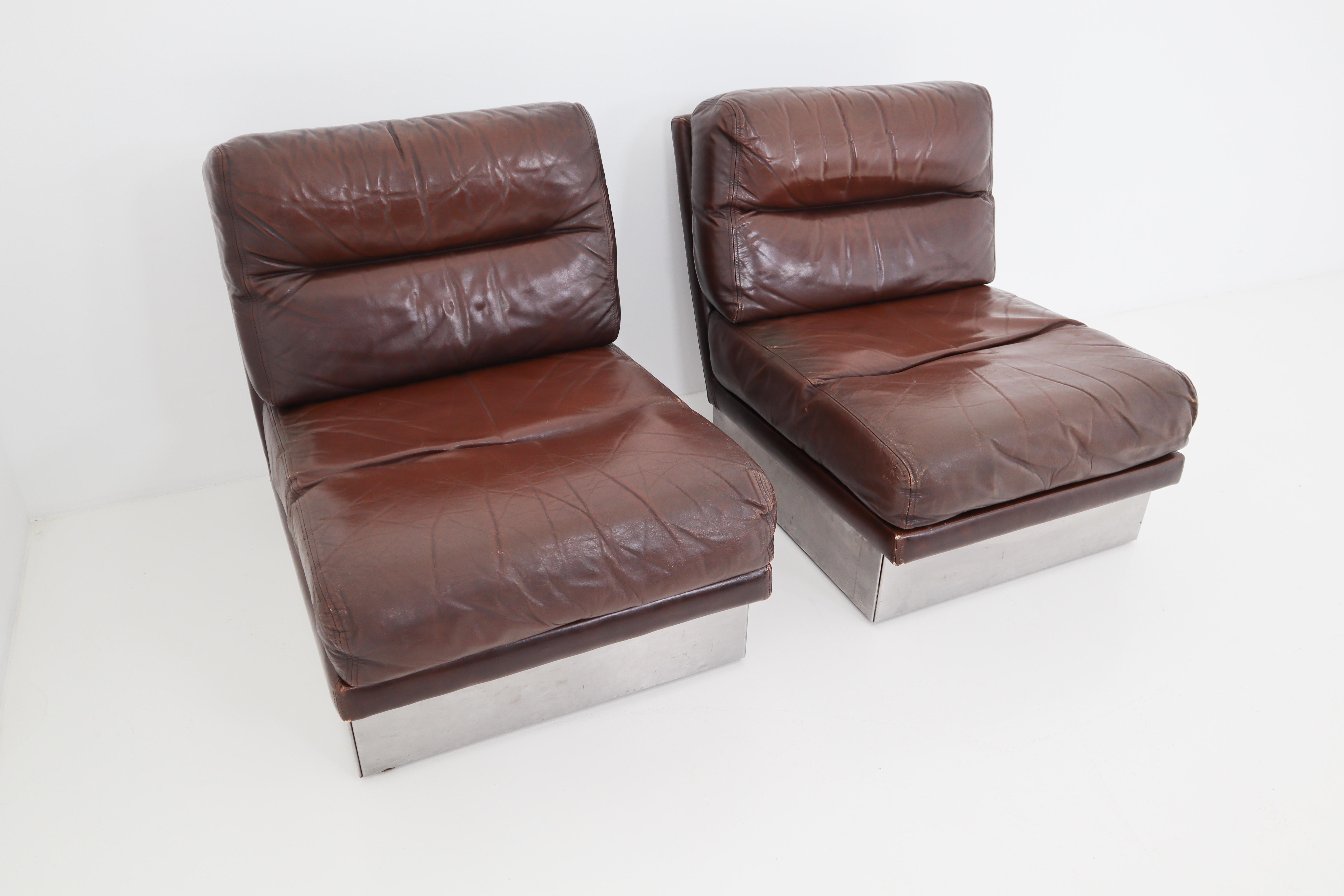 French Jacques Charpentier Pair of Lounge Chairs, Brown Leather, Steel Base, 1970s