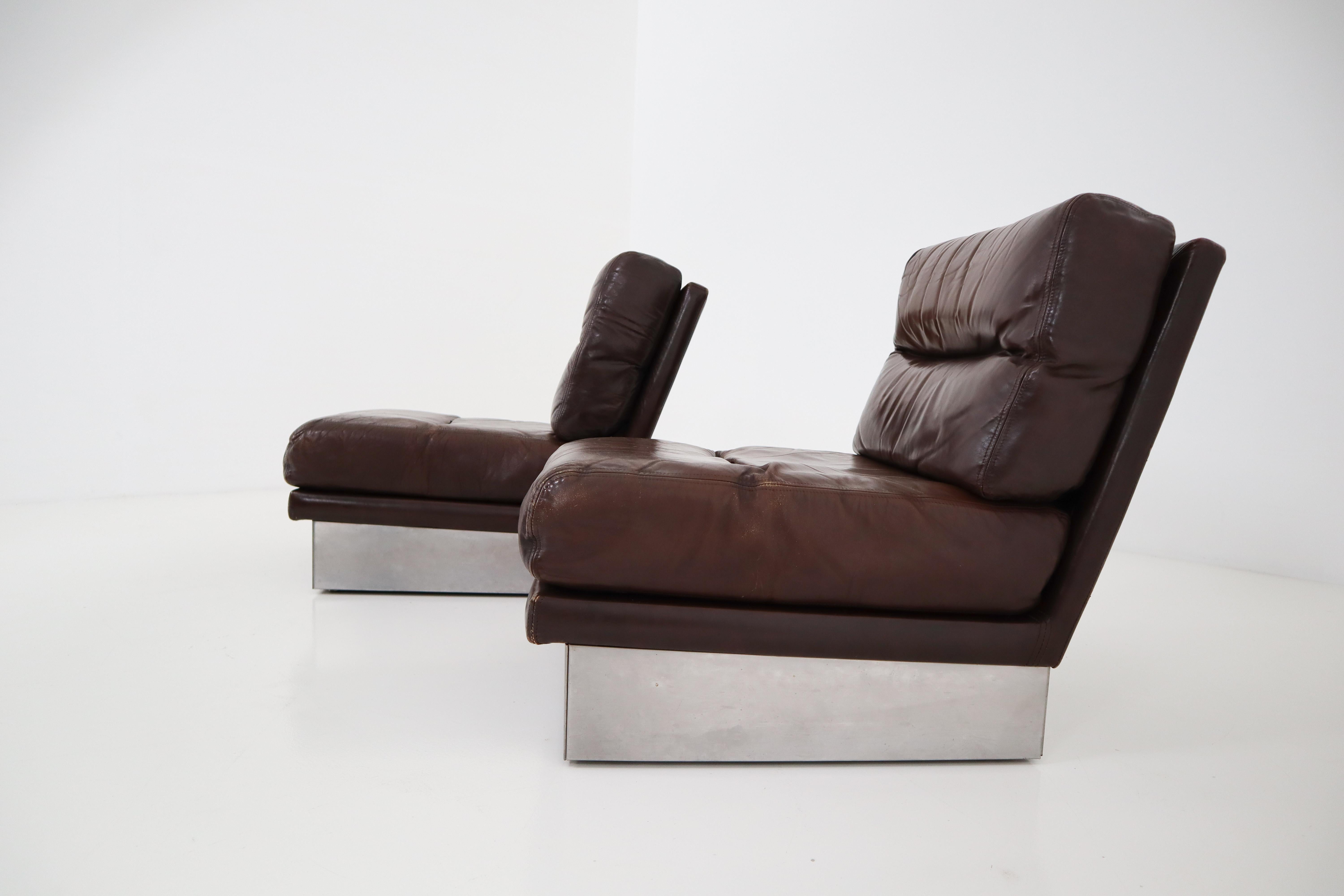 20th Century Jacques Charpentier Pair of Lounge Chairs, Brown Leather, Steel Base, 1970s