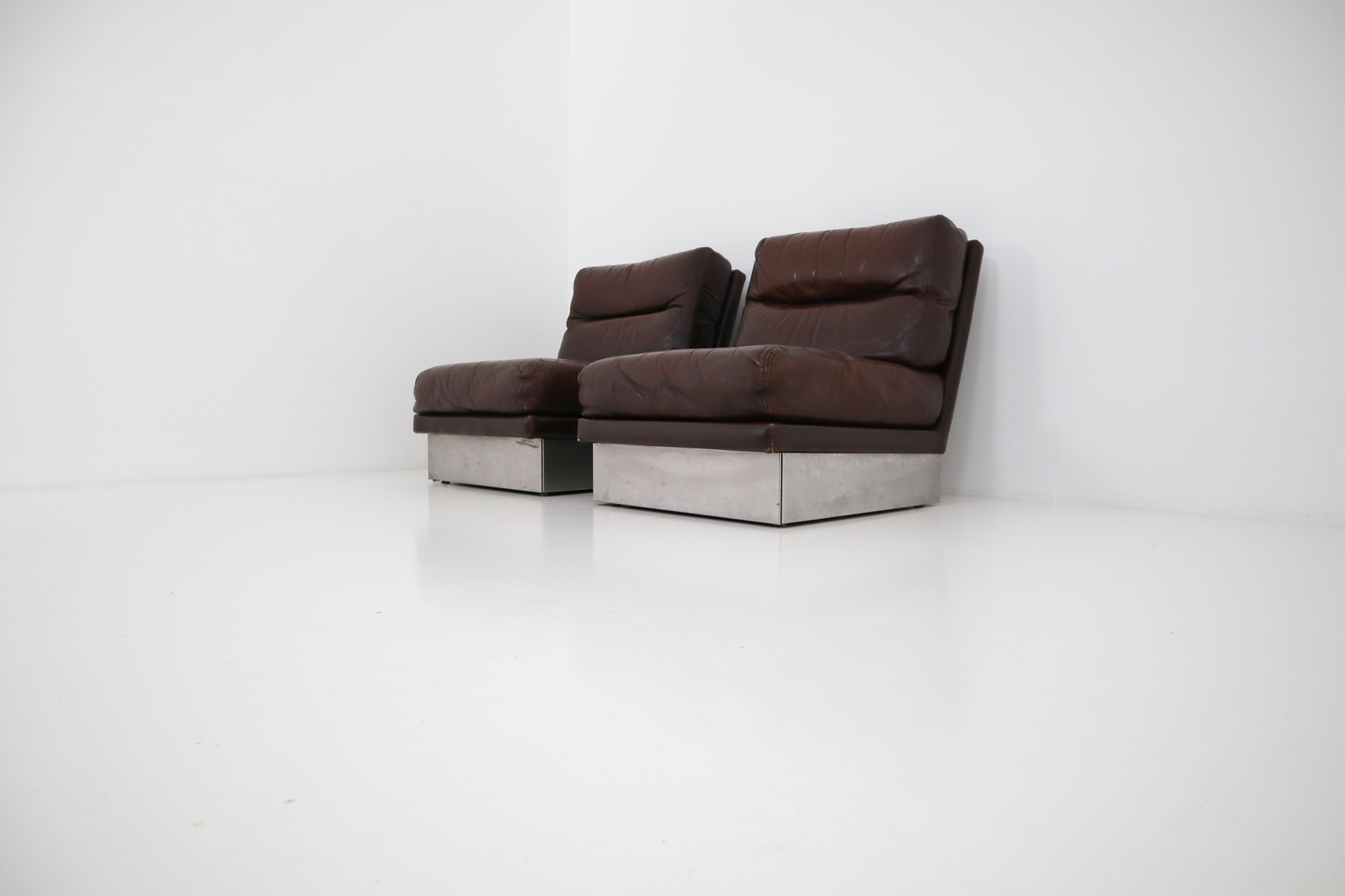 Stainless Steel Jacques Charpentier Pair of Lounge Chairs, Brown Leather, Steel Base, 1970s