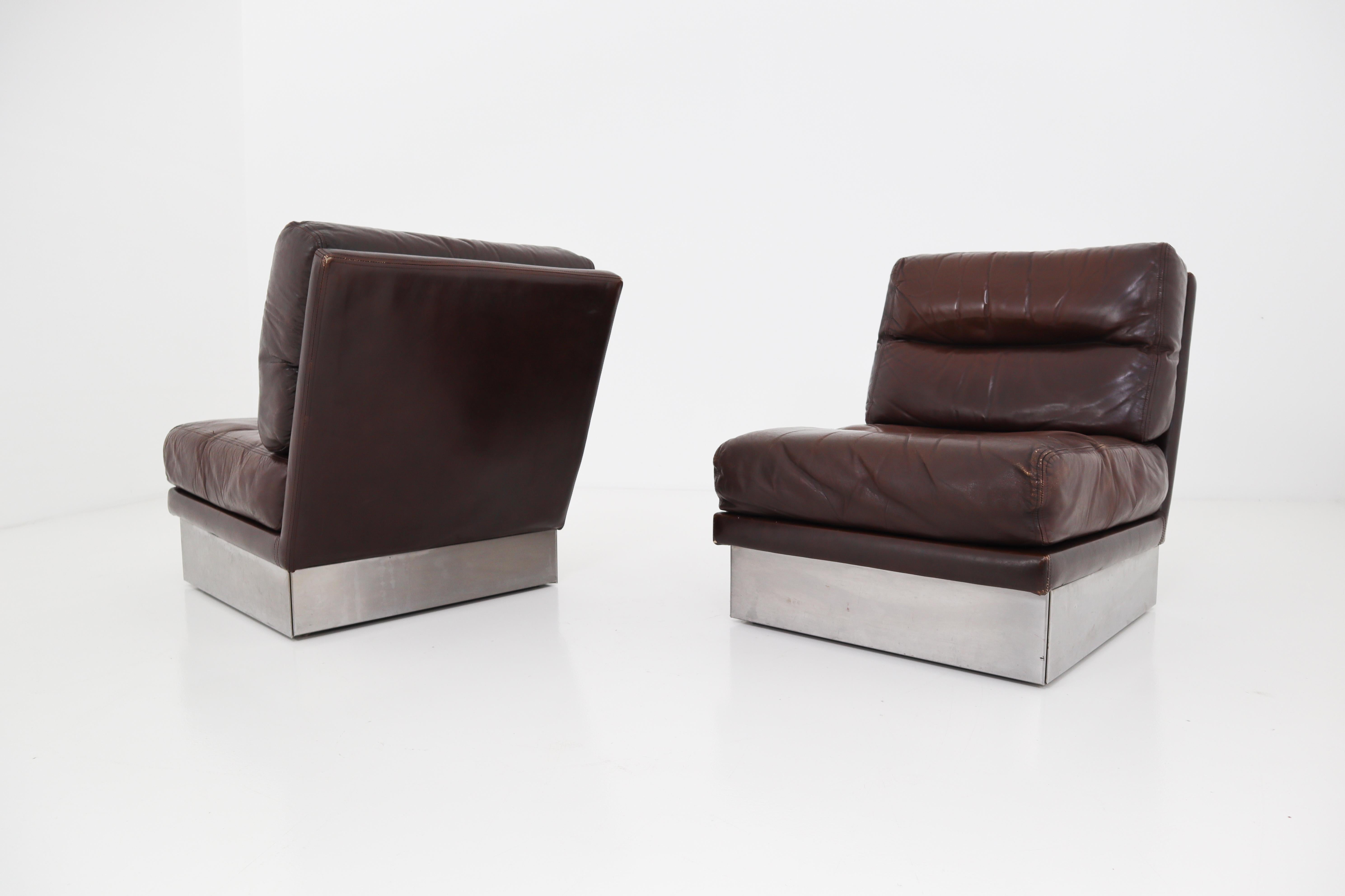 Jacques Charpentier Pair of Lounge Chairs, Brown Leather, Steel Base, 1970s 1