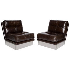 Jacques Charpentier Pair of Lounge Chairs, Brown Leather, Steel Base, 1970s