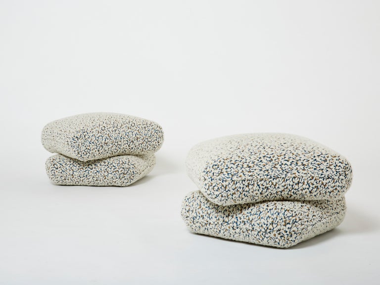 Paire De Poufs Laine Bouclée Maison Jansen – Jacques Charpentier – 1970, Blanc