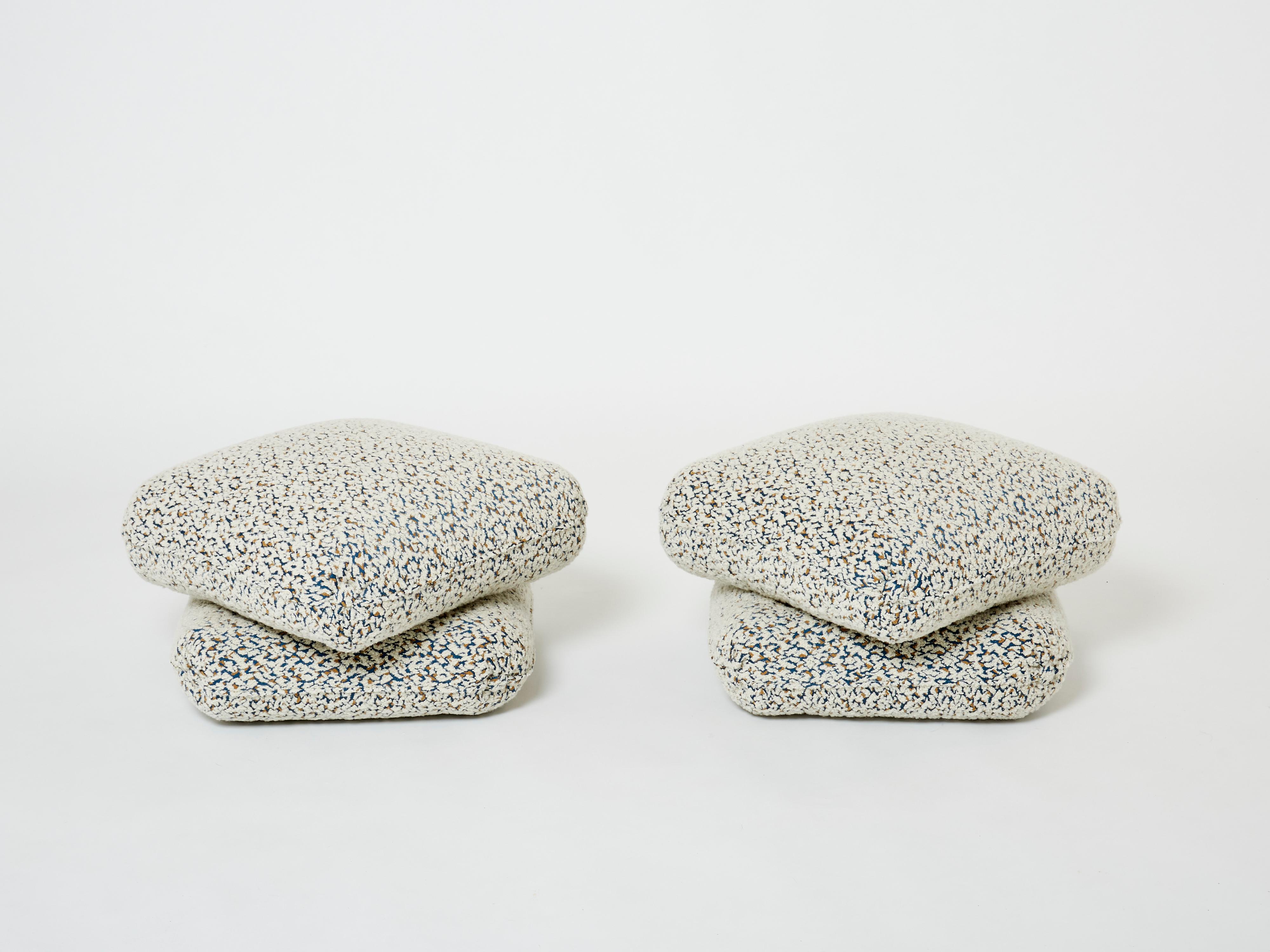 Jacques Charpentier Pair of Ottomans Stools Alpaca Bouclé Maison Jansen, 1970s For Sale 2